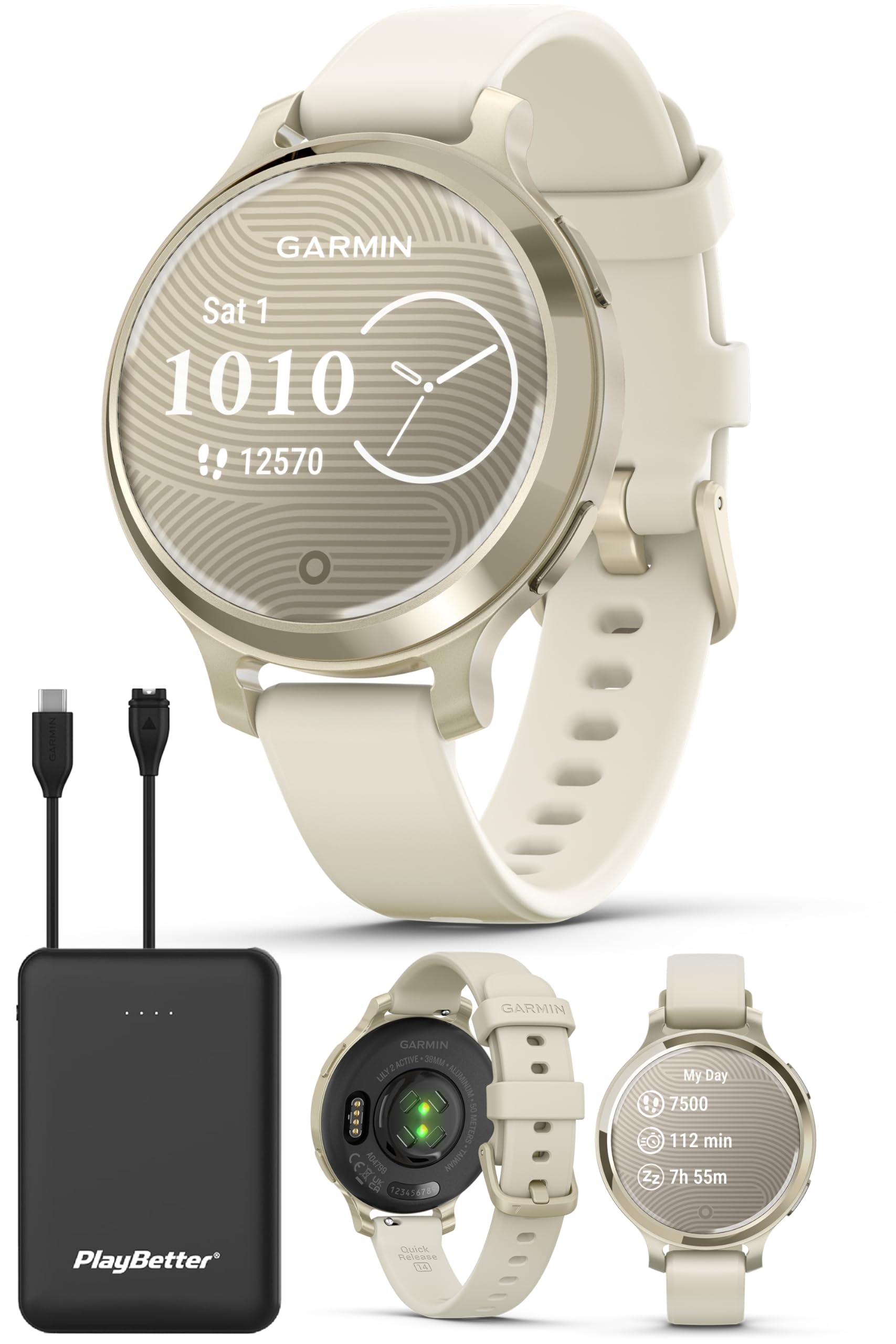 PlayBetter Garmin Lily 2 Active (Lunar Gold/Bone) Women's Fitness Smartwatch - Touchscreen, GPS, Health Monitoring, 9-Day Battery with Portable Charger | Perfect for Running, Yoga & Daily Activity Tracking