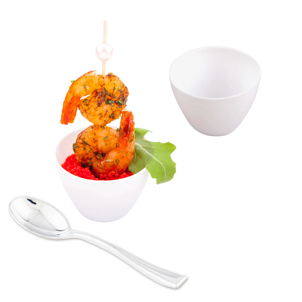 100 Pack 2 oz Round White Plastic Mini Tasting Bowls with 100 Silver Plastic Mini Spoons - Perfect for Dessert Sampling, Party Appetizers, and Food Tasting Events