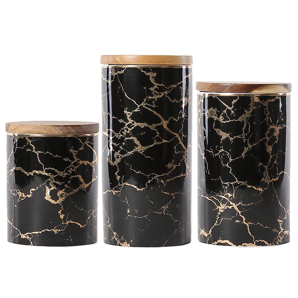 YXDO 3-Piece Ceramic Food Storage Containers with Airtight Acacia Wood Lid - Black Marble Pattern Kitchen Canisters for Cookies, Flour, Sugar & Dry Goods | Pantry Organization & Home Decor