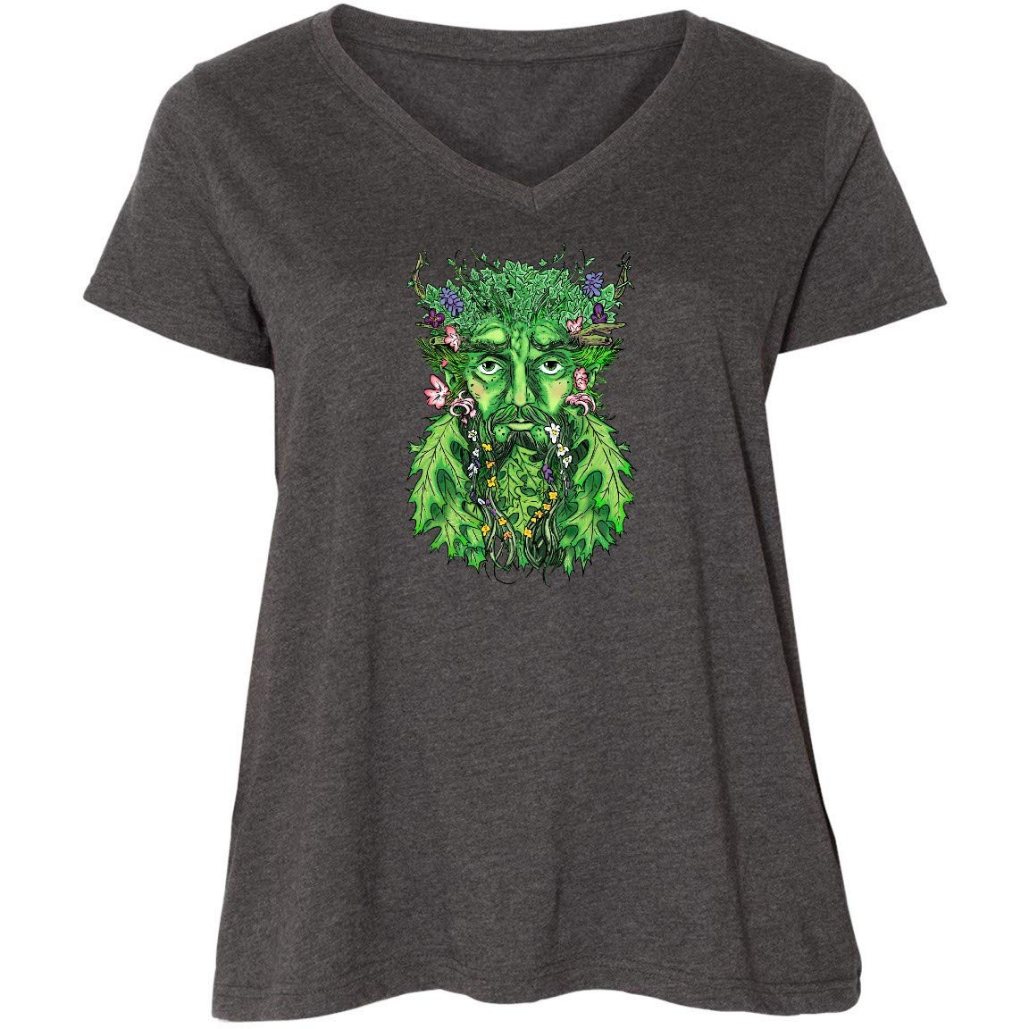 Inktastic 1st Day of Spring Greenman Spring Equinox Women's Plus Size V-Neck T-Shirt - Perfect for Spring Festivals, Nature Celebrations & Boho Outfits