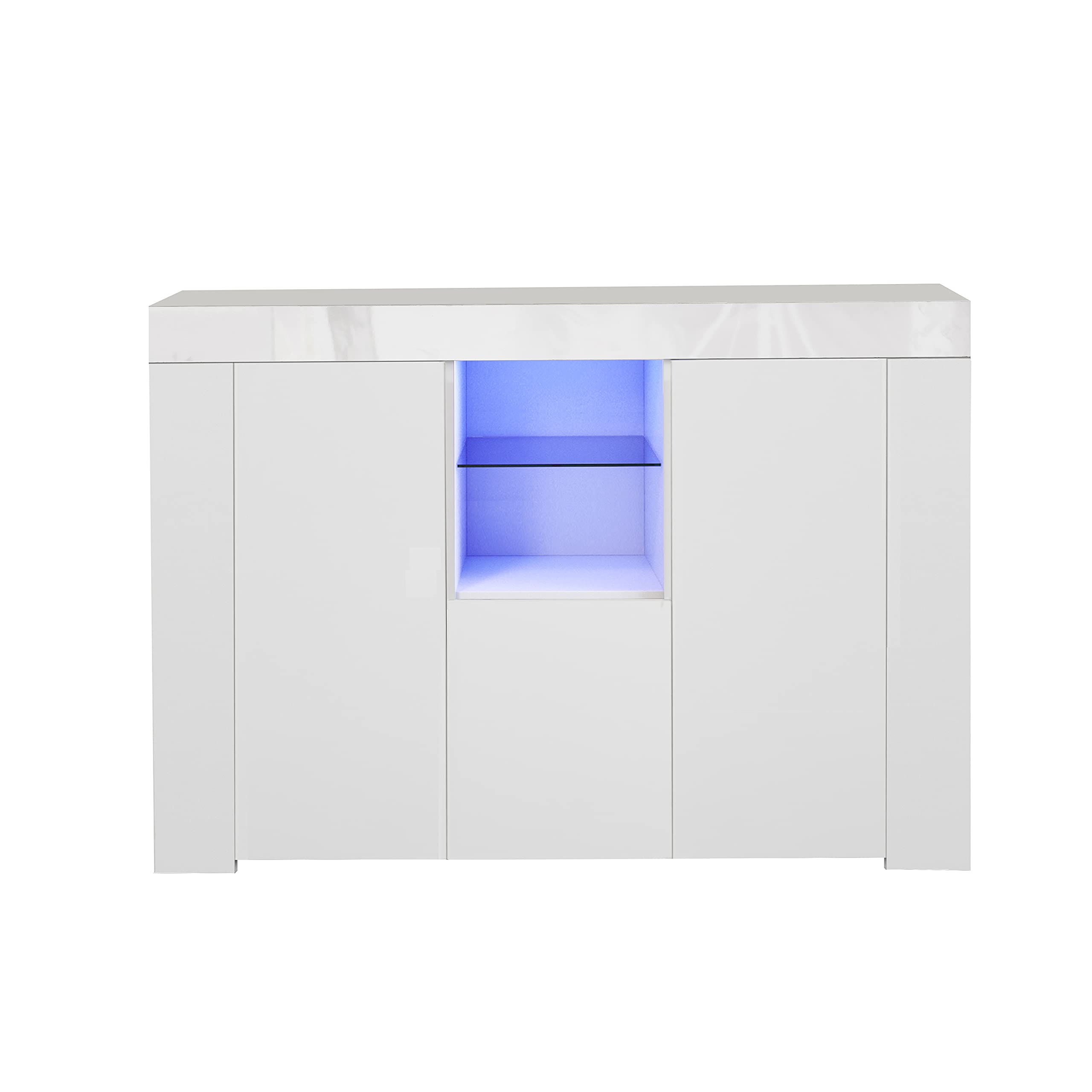 White High-Gloss LED Storage Cabinet with Drawers & 2 Doors - Modern Buffet Sideboard for Restaurant, Living Room, TV Display & Hallway Organization | Perfect for Home Décor & Space Saving Storage Solutions