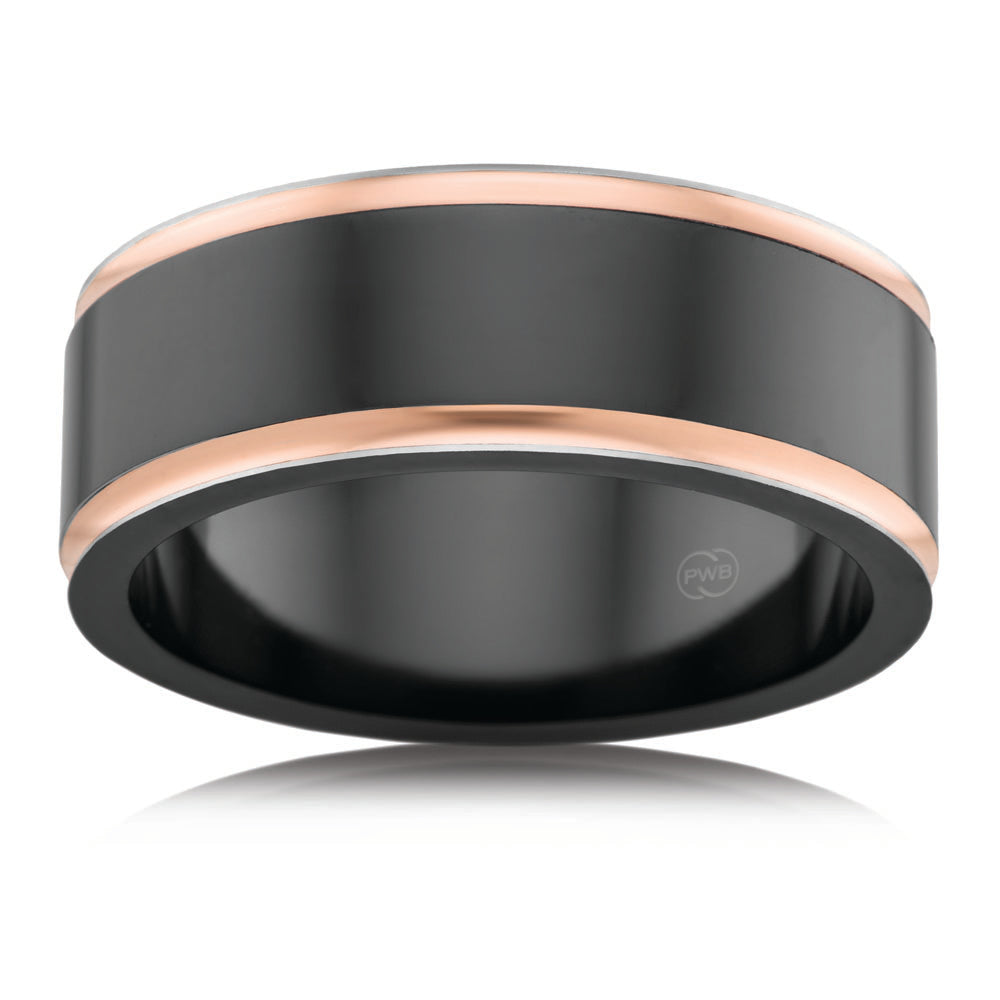 9ct Rose Gold and Zirconium 8mm Men's Ring - Size T & U - Elegant Wedding Band, Anniversary Gift for Him, Perfect for Engagements & Special Occasions