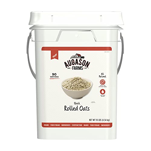 Augason Farms Quick Rolled Oats - 10 lb Bulk Pail | 100% Whole Grain, Non-GMO, High Fiber Breakfast Oatmeal | Perfect for Baking, Smoothies & Emergency Food Storage