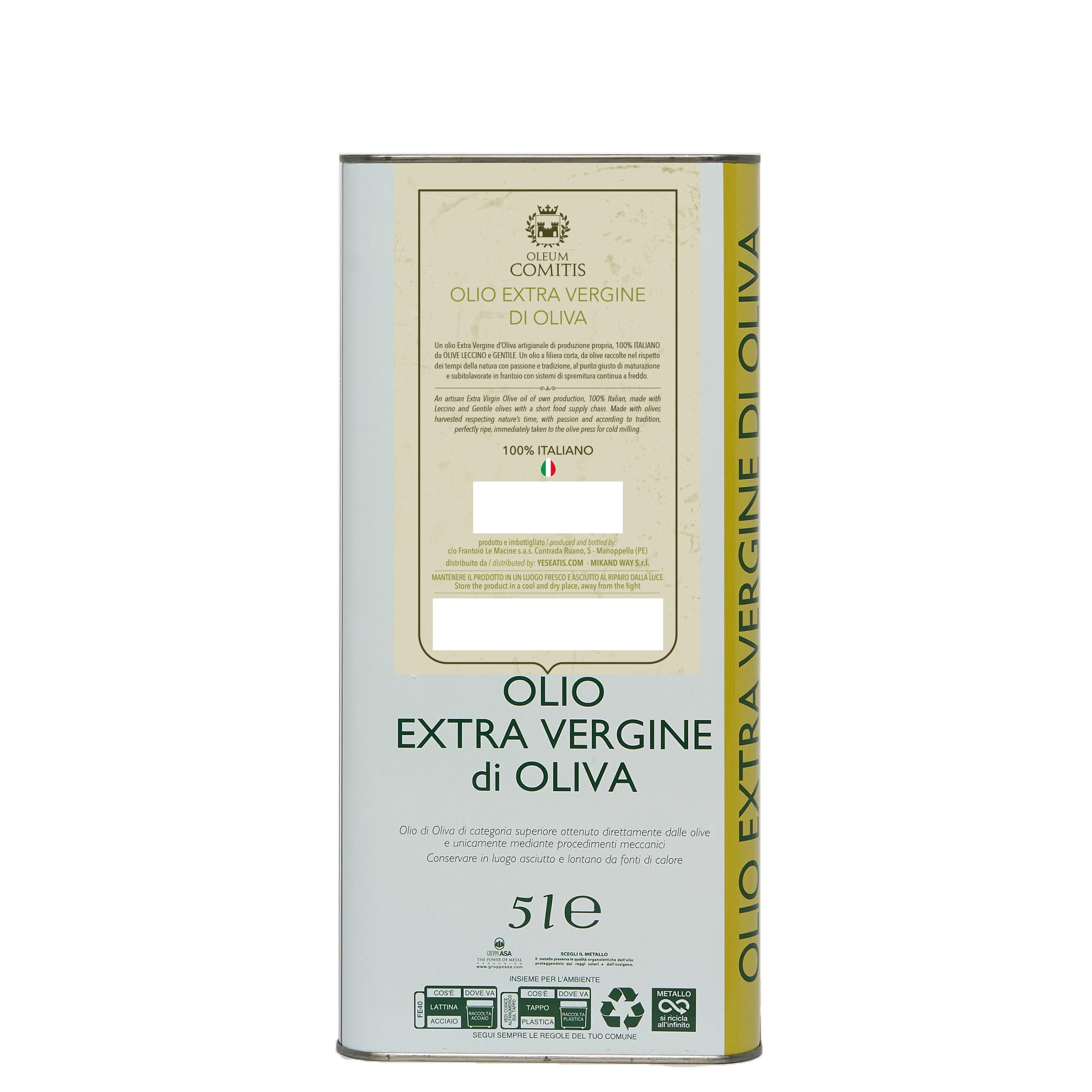 Premium Extra Virgin Olive Oil 100% Italian Cold Pressed - Oleum Comitis Authentic EVOO from Italy - 5L (169 fl oz) Tin for Cooking, Salad Dressing & Healthy Recipes