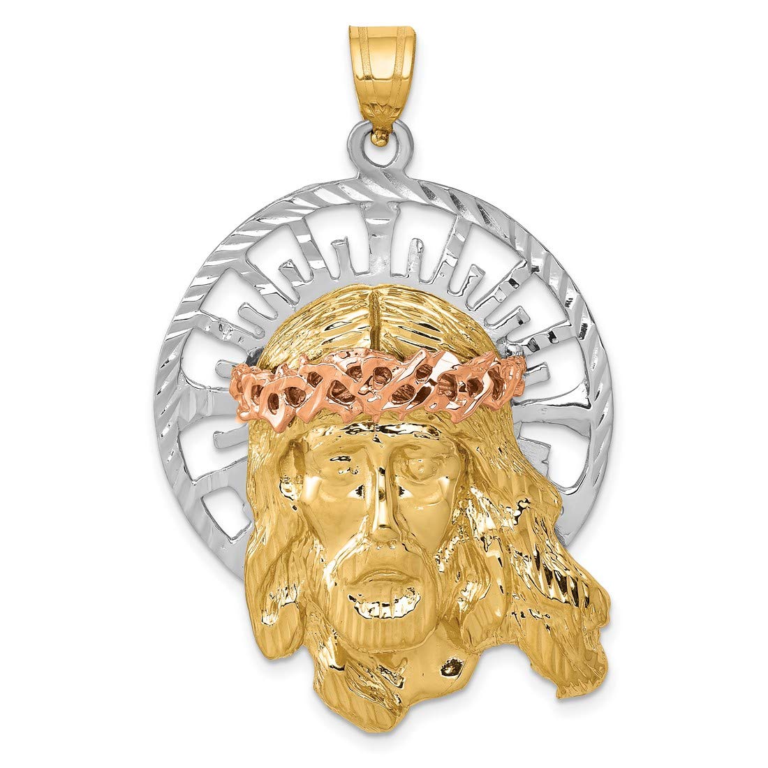 14k Tri-Color Gold Jesus Face Pendant with Crown & Halo - Religious Jewelry for Baptism, Confirmation & Faithful Gifts