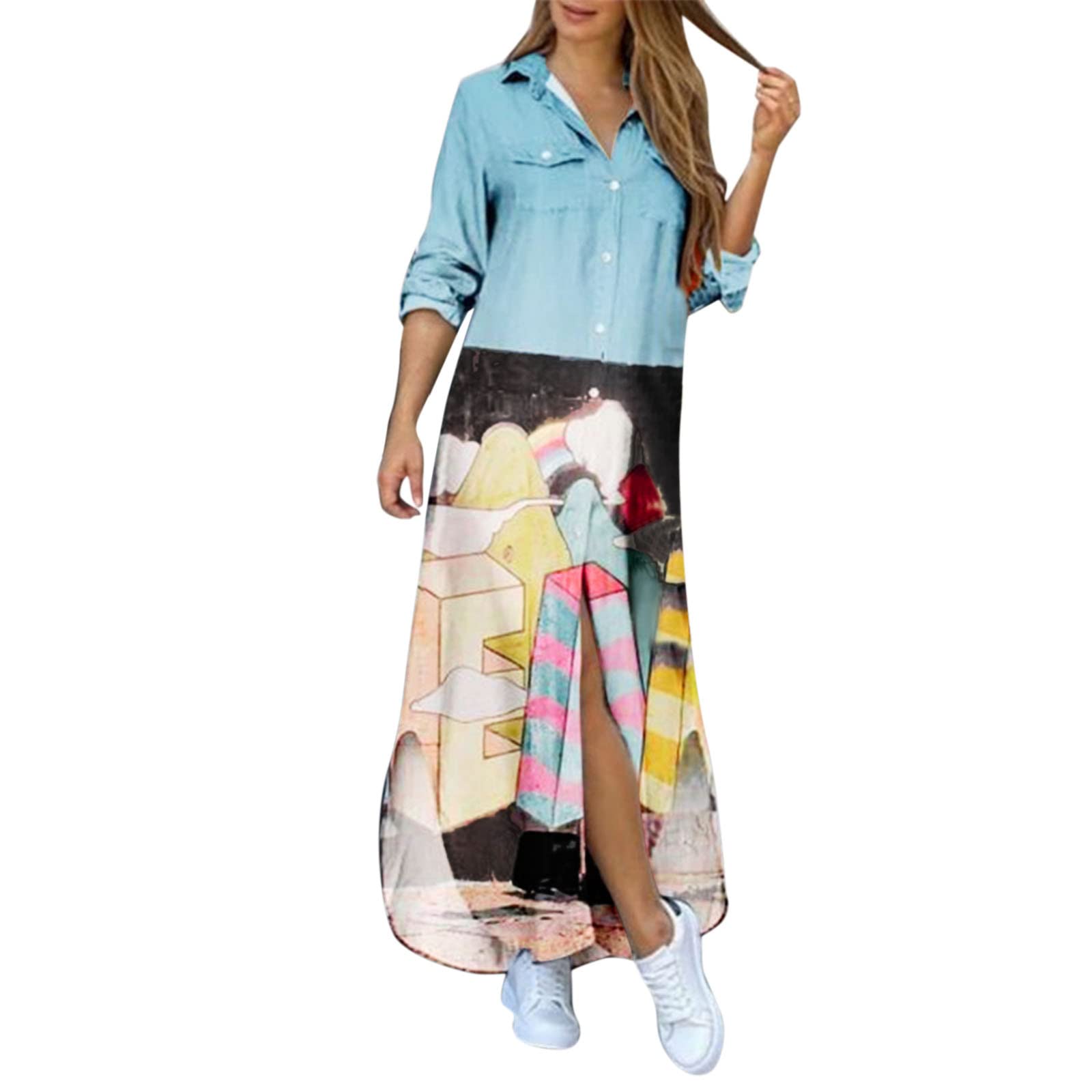 Irregular Button Down Maxi Dress - Long Sleeve Loose T-Shirt Dress for Women | Plus Size Casual Spring Outfit | Perfect for Office, Date Night & Weekend Wear