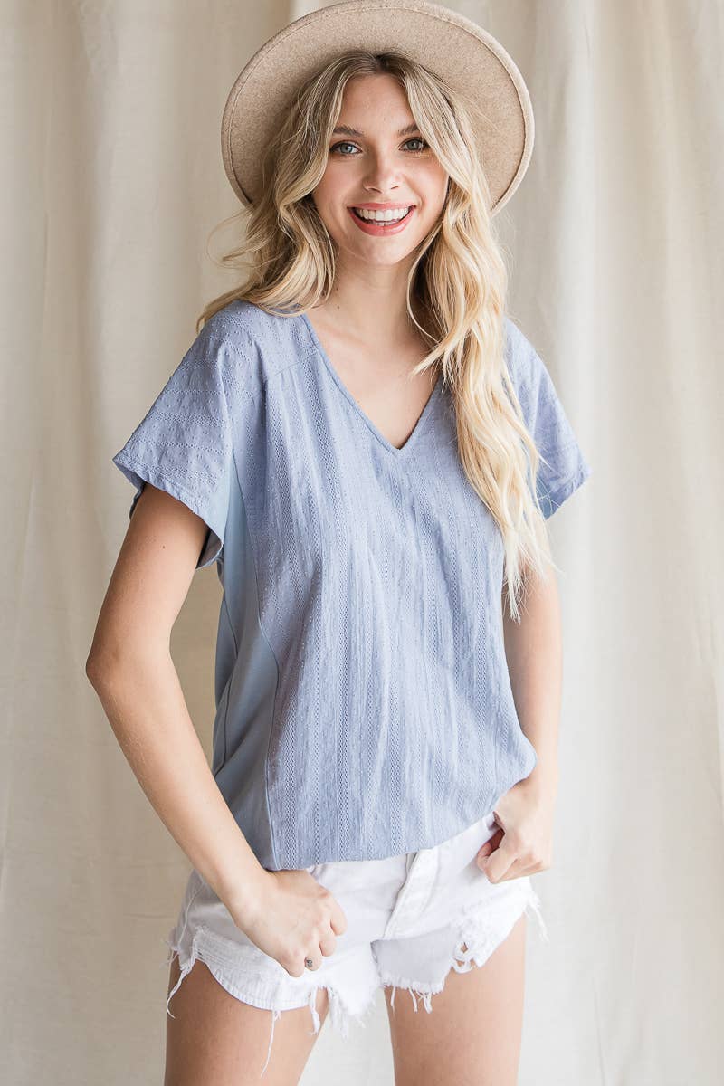 ET1039 Elegant Eyelet Lace Mixed Knit Top for Women - Breathable Summer Blouse, Perfect for Office Wear, Date Night & Casual Outings