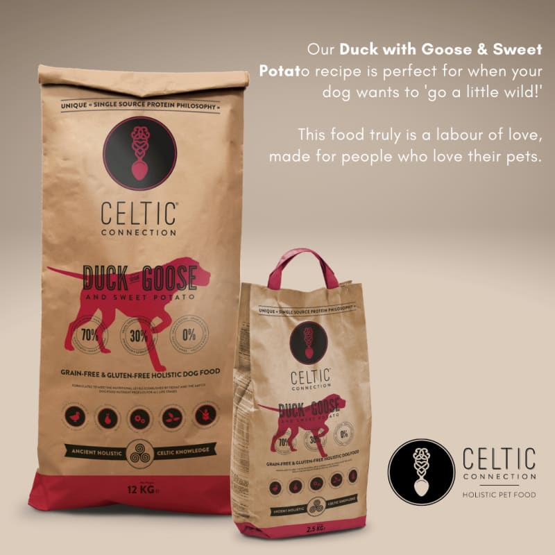 Celtic Connection Duck With Goose & Sweet Potato Dry Dog Food - Grain Free, High Protein Dog Food for All Breeds (2 Sizes) - Perfect for Adult Dogs & Puppies with Sensitive Stomachs