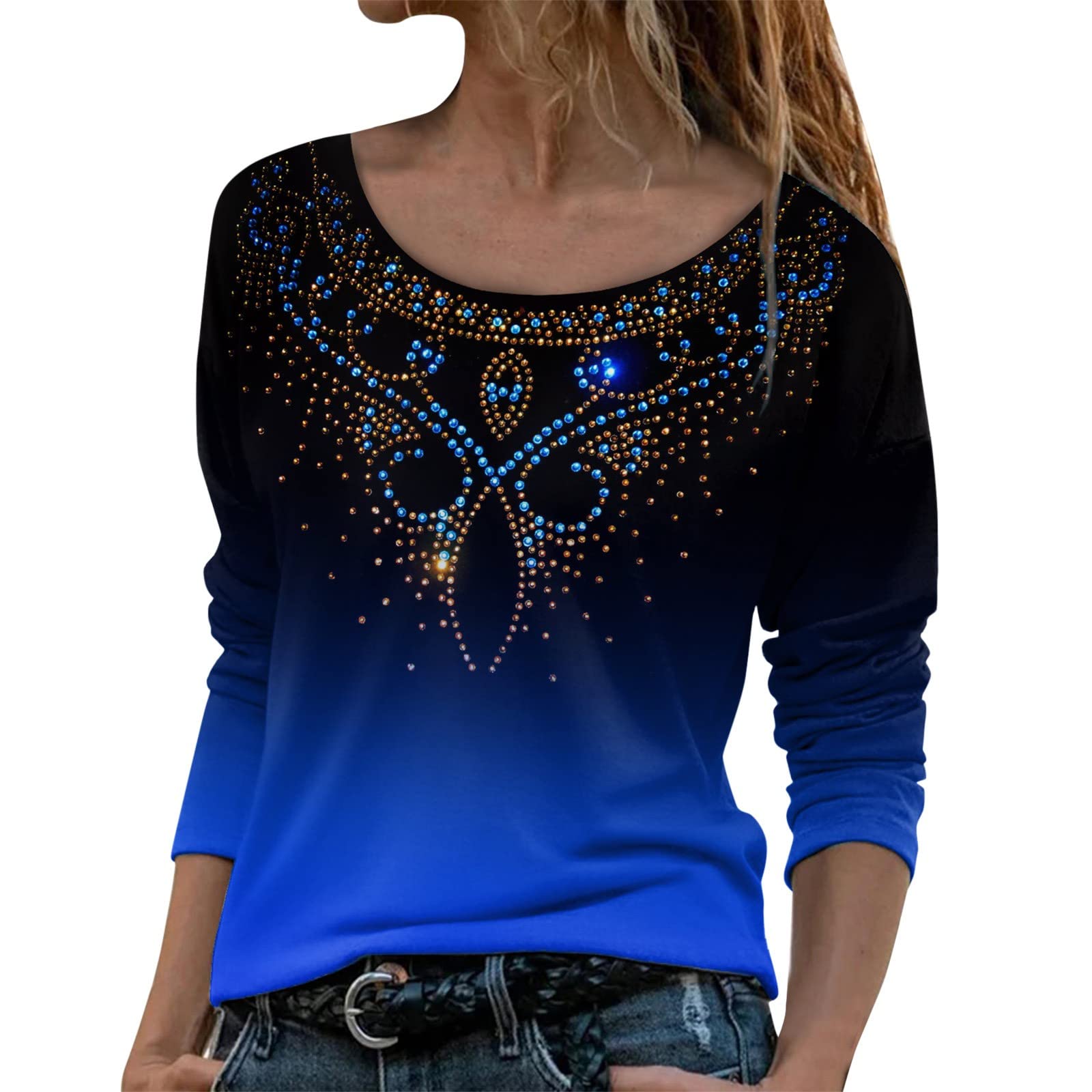 Women's Butterfly Graphic Tunic Top - Round Neck Long Sleeve Loose Fit Casual Shirt for Fall | Perfect for Office, Date Night & Everyday Wear