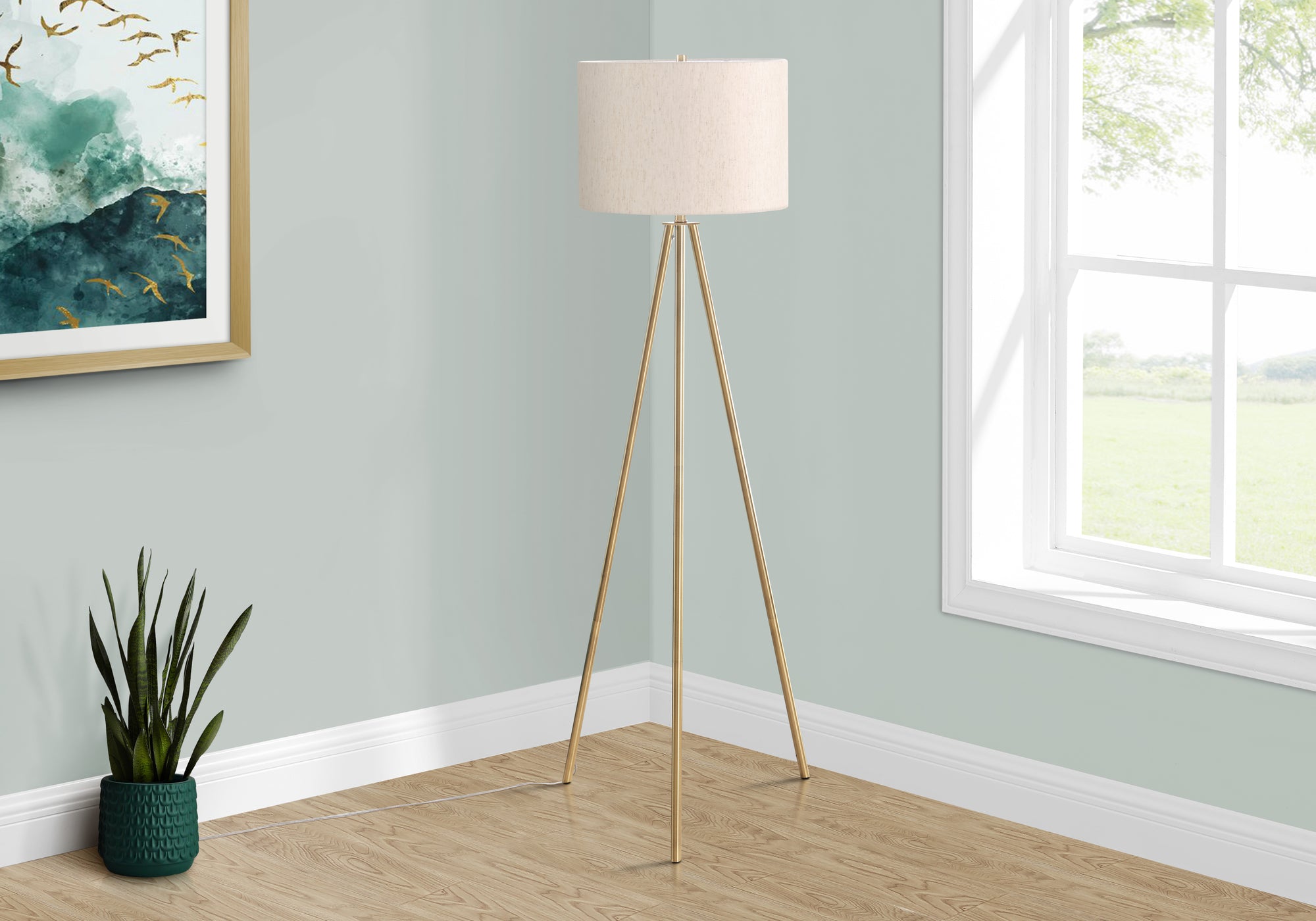 Modern Brass Floor Lamp with Ivory Cream Fabric Shade - 63 Inch Tall Adjustable Standing Light for Living Room, Bedroom & Office - Warm Ambient Lighting for Reading & Relaxation
