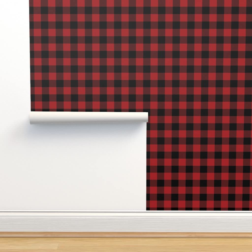 Peel & Stick Wallpaper 12ft x 2ft - Buffalo Check Plaid Red Black Gingham Christmas Checks Custom Removable Wallpaper by Spoonflower | Perfect for Holiday Decor, Bedroom Accent Walls & DIY Home Improvement Projects