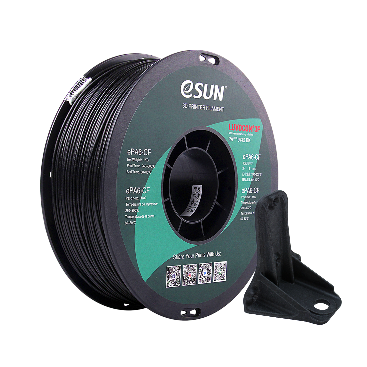 eSUN ePAHT CF (ePA6 CF) High Temperature Nylon Carbon Fiber Filament 1.75mm 750g Spool - Natural & Black Colors for 3D Printing Industrial Parts, Automotive Components & High-Performance Applications