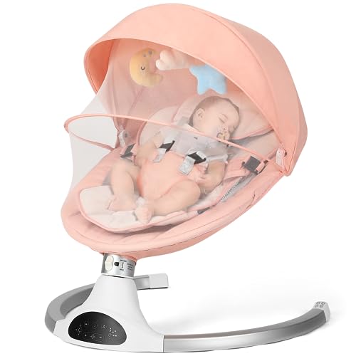 Baby Swing for Infants - 3 Speed Adjustable Rocker with 5-Point Safety Harness, Bluetooth Music & 10 Lullabies, Remote Control & 3 Hanging Toys (Pink) - Perfect for Newborns, Nursery, Daycare & Soothing Fussy Babies