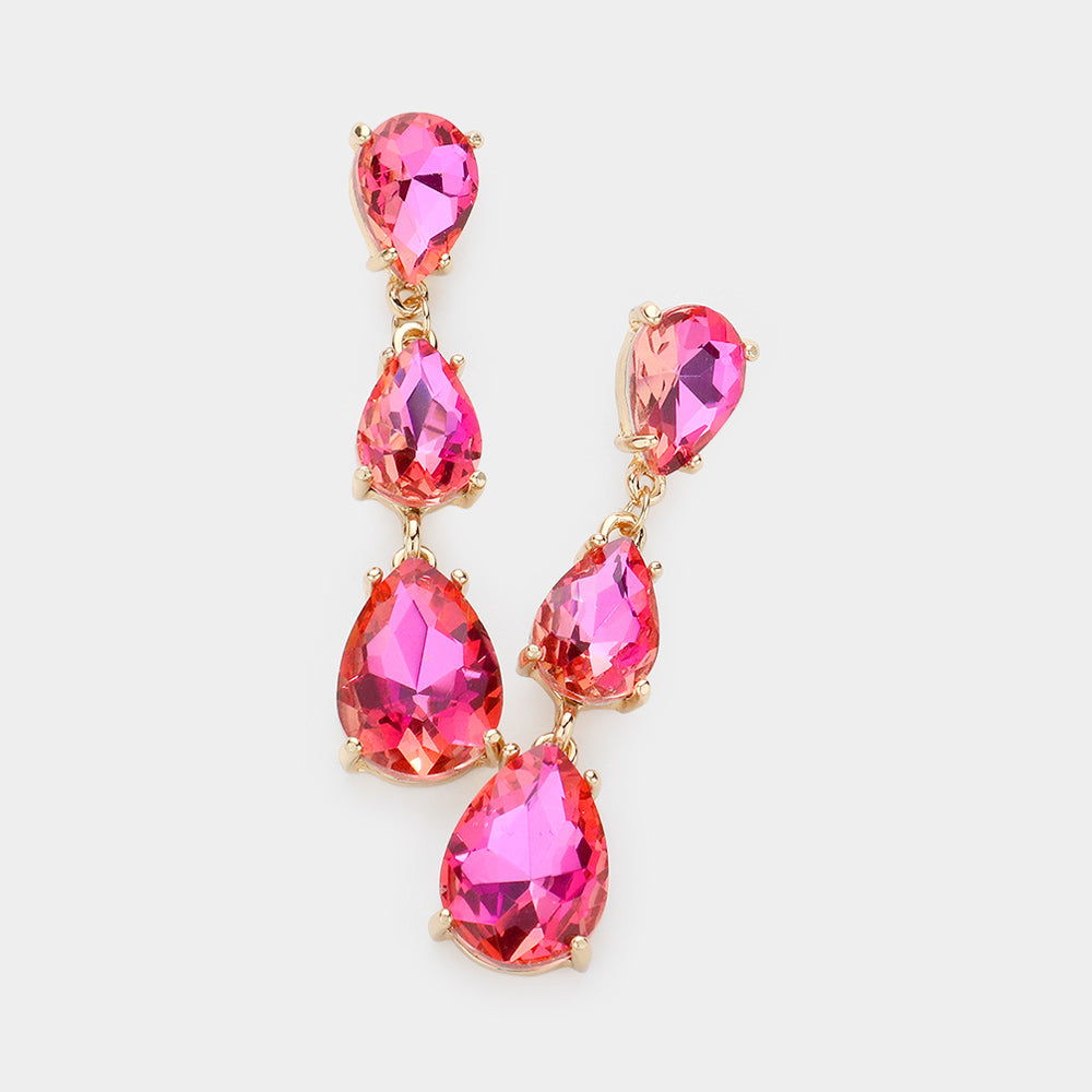 AB Pink Triple Teardrop Dropdown Pageant Link Earrings for Women | Elegant Dangle Earrings for Prom, Wedding & Special Occasions | 610140 | Perfect for Pageants, Parties & Evening Events