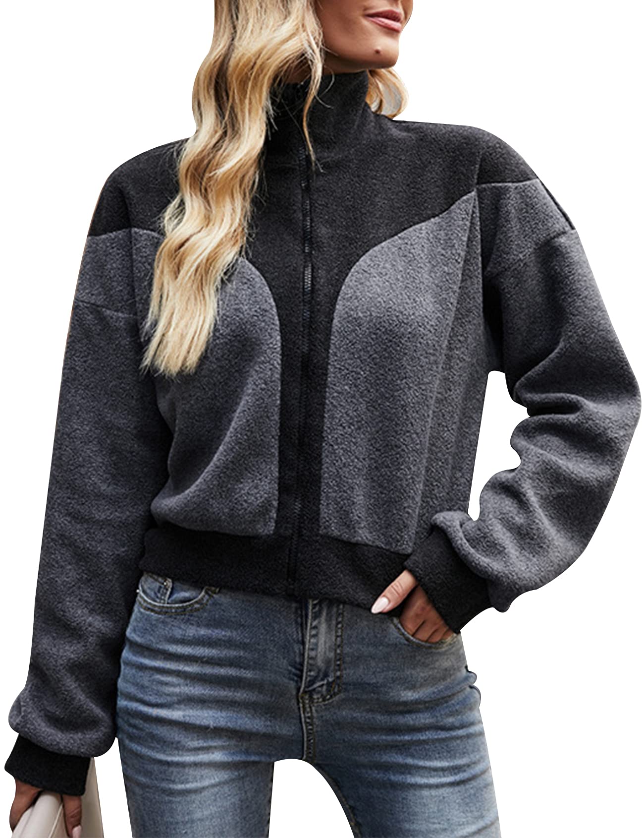 Arssm Women's Fleece Patchwork Coat - Warm Winter Stand Collar Cropped Jacket with Contrast Colors | Cozy Sweatshirt for Outdoor Activities & Casual Wear