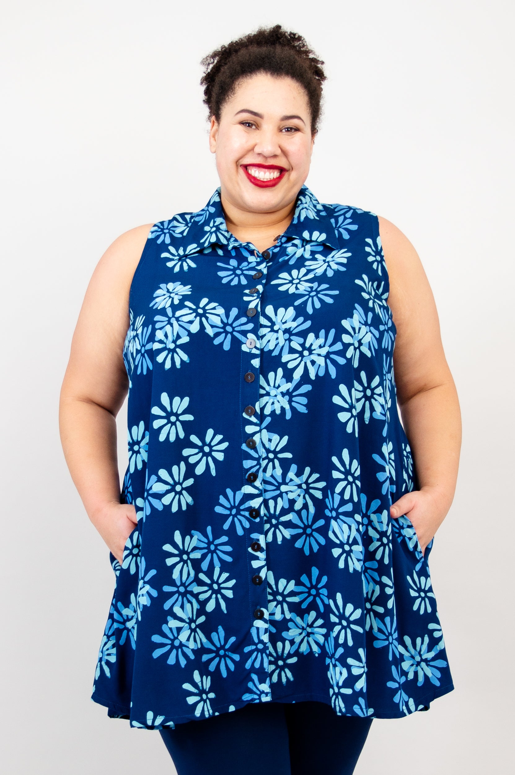 Cissy Tank Top for Women - Daisy Cobalt Blue Floral Print Summer Casual Shirt | Perfect for Beach Outings, Yoga, and Everyday Wear