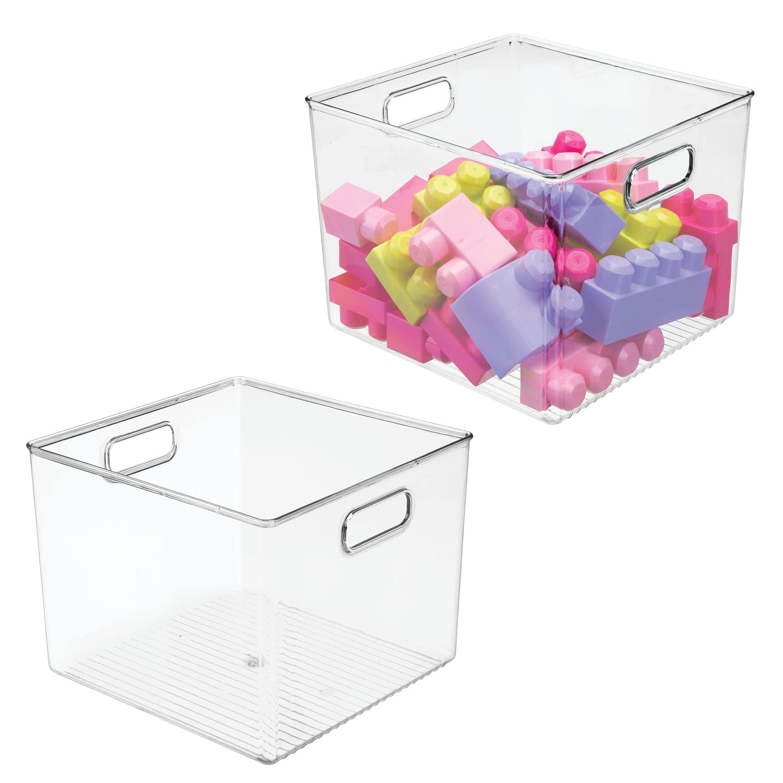 mDesign Small Modern Stackable Plastic Storage Bins with Handles - 2 Pack Clear - Toy Organizer for Playroom, Shelf, Cubby, Cabinet & Closet - Perfect for Kids' Room Organization & Home Decor Storage Solutions