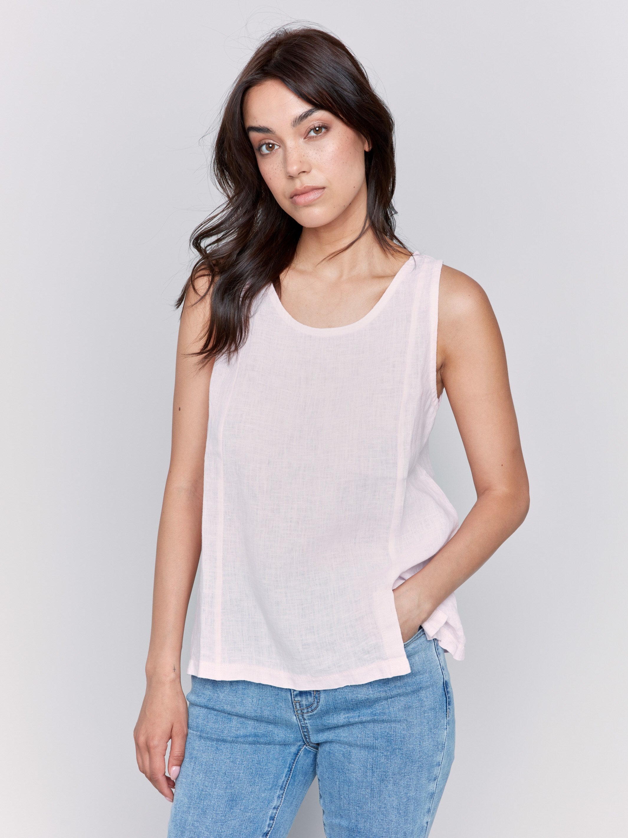 Breathable Sleeveless Linen Top with Side Slit & Petal Design - Perfect for Summer Outfits, Beach Vacations and Casual Wear
