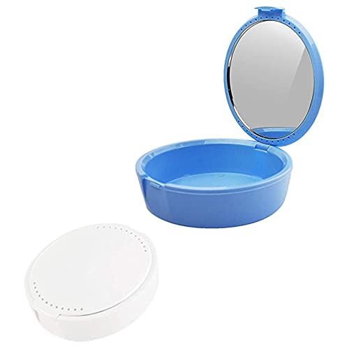 DOITOOL 2-Pack Braces Organizer Box with Vent Holes - Portable Dental Retainer & Denture Storage Case with Mirror - Ideal for Travel, Office & Home Use (White & Blue)