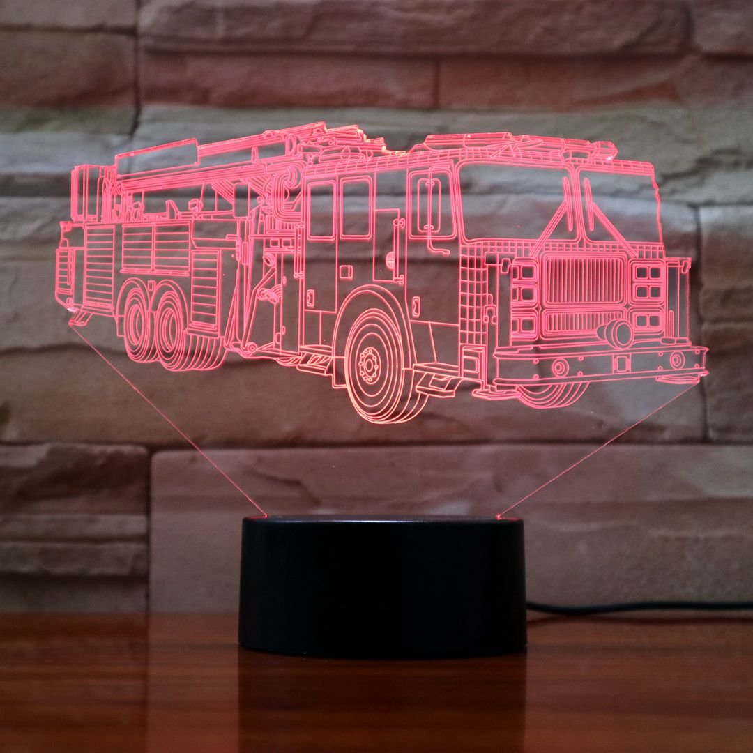 Idee Monto 3D Fire Truck LED Night Light for Kids - 7 Color Changing Touch Desk Lamp, Cool Fire Car Shape Nightlight, Best Birthday Gift for Boys & Girls - Perfect for Bedrooms, Nurseries, and Kids' Rooms