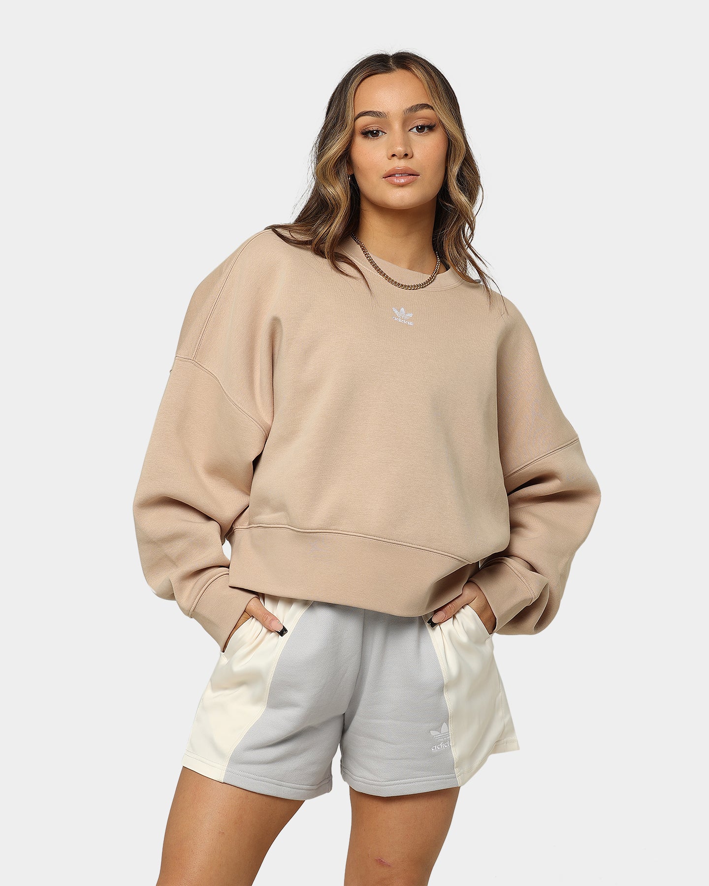 Adidas Women's Adicolor Essential Fleece Crewneck Sweatshirt - Magic Beige | Cozy Casual Wear for Gym, Lounge & Everyday Outfits