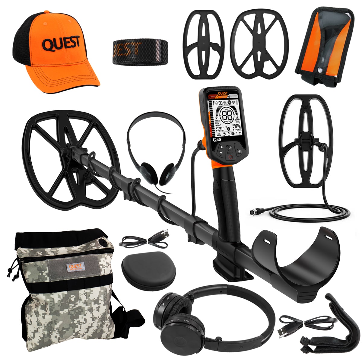 Quest Q40+ Professional Metal Detector with 2 Search Coils, Adjustable Hat, Wireless Headphone Pouch & Protective Cover - Perfect for Treasure Hunting, Beach Combing & Outdoor Adventures