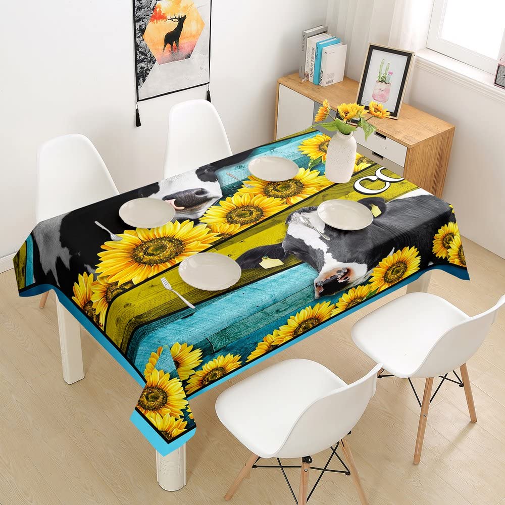Manfei Farm Animal Themed Tablecloth - Cute Cow & Sunflower Print Table Cover for Kids, Girls - Yellow & Blue Board Print Dining Decor - Perfect for Kitchen, Home, Birthday Parties (Rectangle 55x94 Inches)