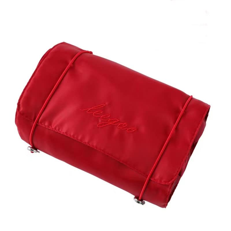 Portable Roll-Up Hanging Makeup Bag - 4-in-1 Waterproof Cosmetic Organizer, Foldable Travel Toiletry Case (Red) | Perfect for Travel, Gym & Daily Makeup Storage
