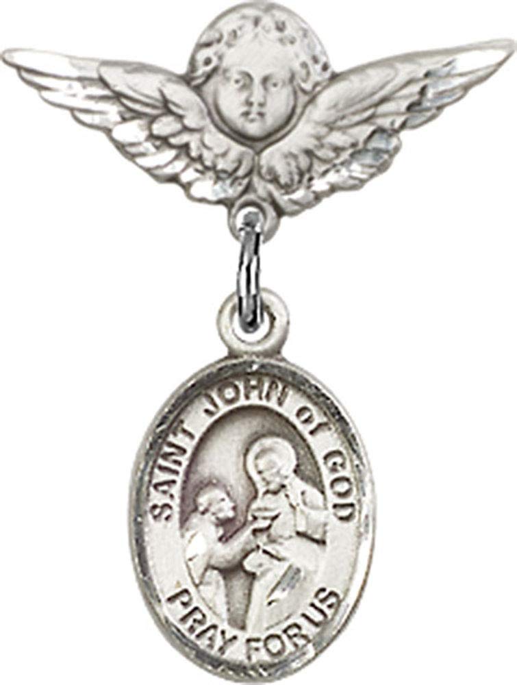 Sterling Silver Baby Badge with St. John of God Charm & Angel Wings Pin | Religious Jewelry for Christening, Baptism & First Communion Gifts | Handmade in USA