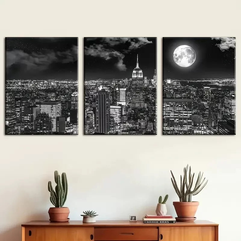 3-Piece Black and White Night City Architecture Wall Art Set - Framed Canvas 40x60cm (16x24in) | High Quality Print | 100% Australian Made | Ready to Hang | Modern Office & Living Room Decor