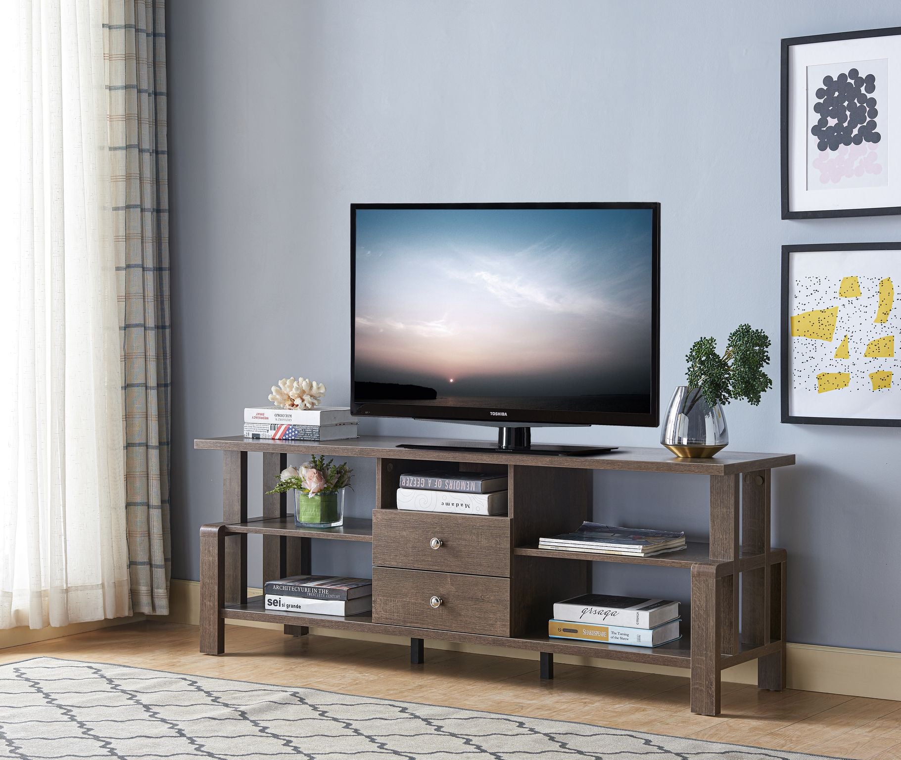 60 Inch TV Stand with Storage - Solid Walnut & Oak Wood Entertainment Center for Living Room, Bedroom, Home Theater