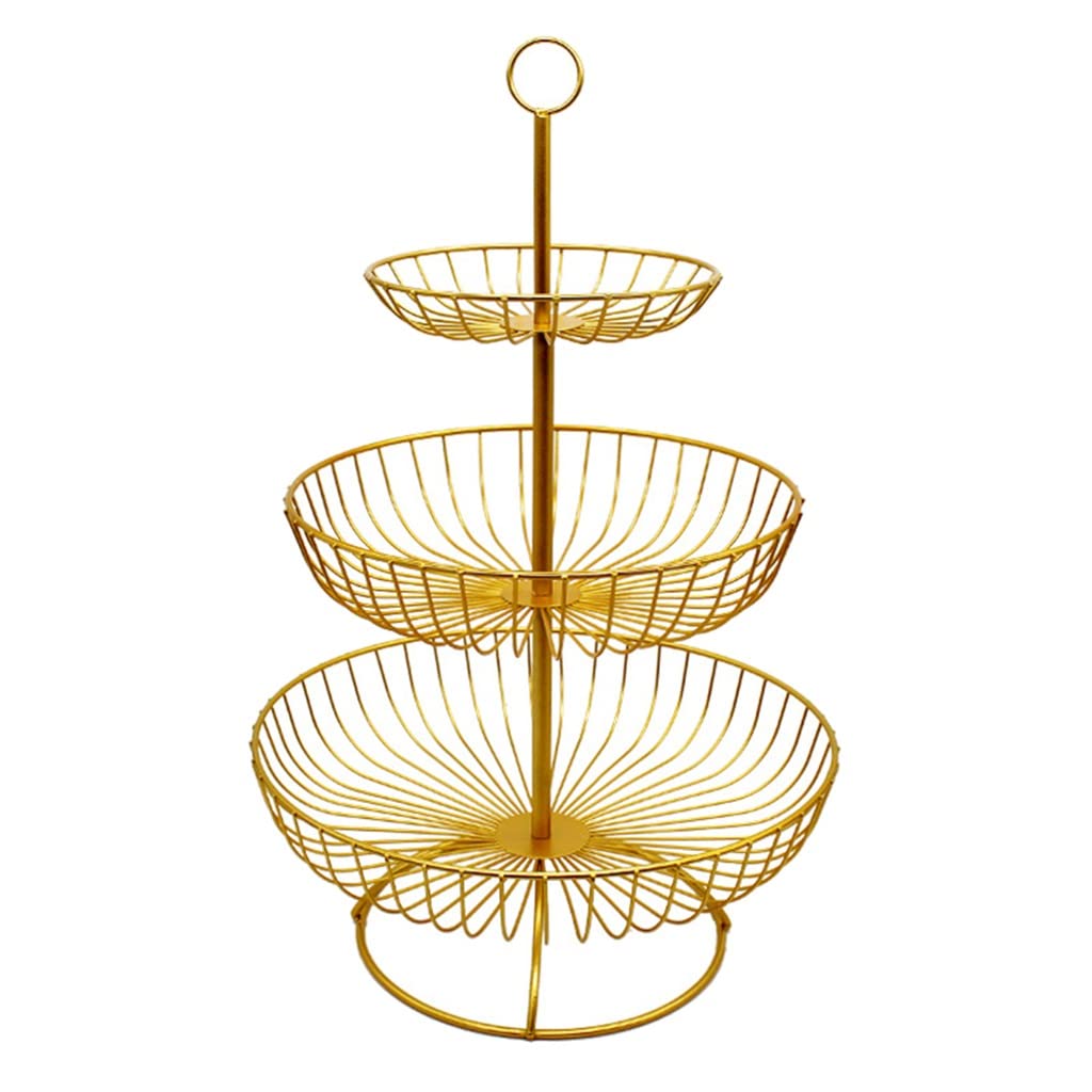 3-Tier Retro Round Metal Fruit & Snack Tray Stand - Gold Kitchen Storage Basket for Cake, Candy, Desserts - Perfect for Parties, Tea Time & Home Decor