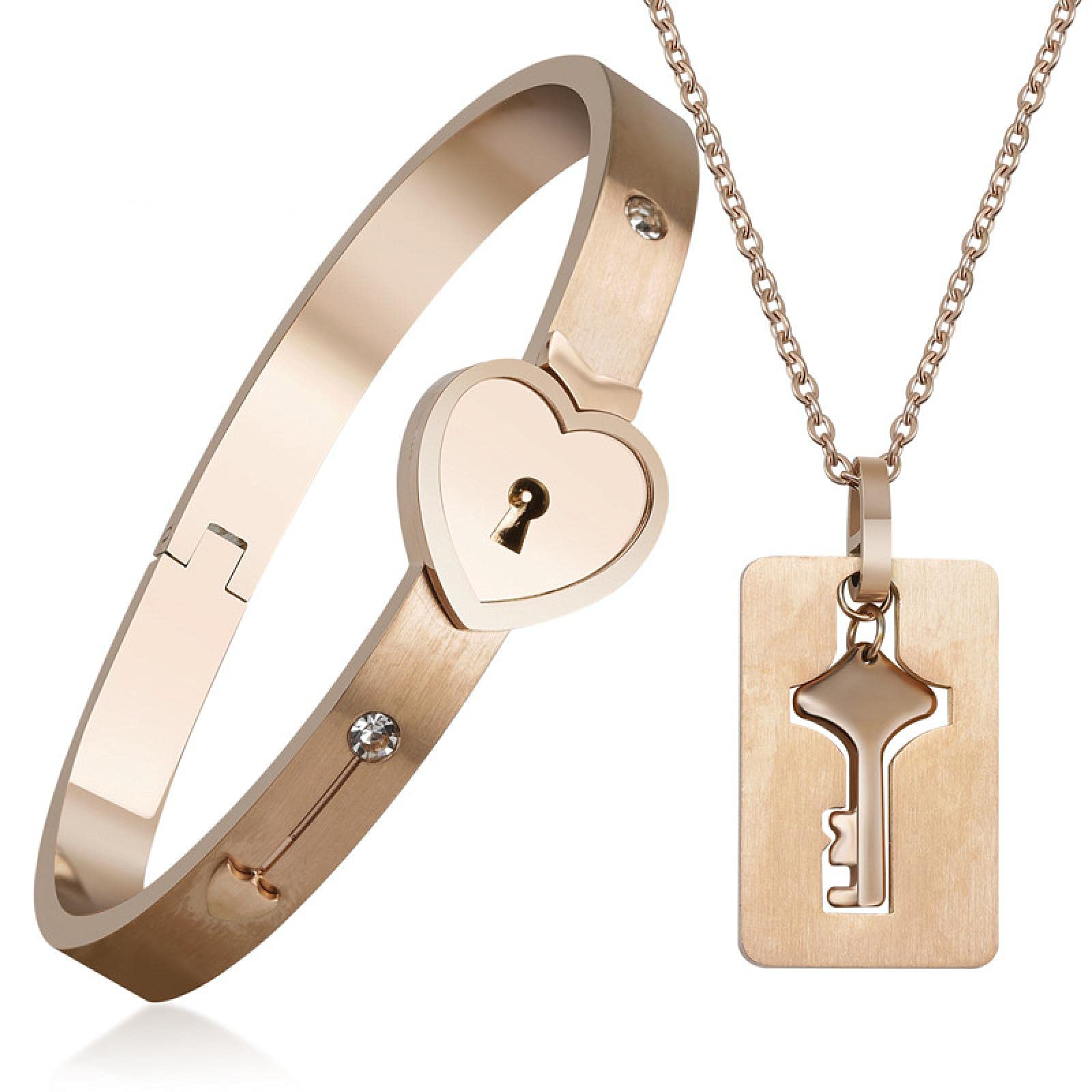 Peach Heart Bracelet & Necklace Set for Couples - Titanium Steel Love Pendant with Concentric Lock & Key - Rose Gold Zircon Stainless Steel Jewelry | Romantic Gift for Anniversary, Valentine's Day & Date Night