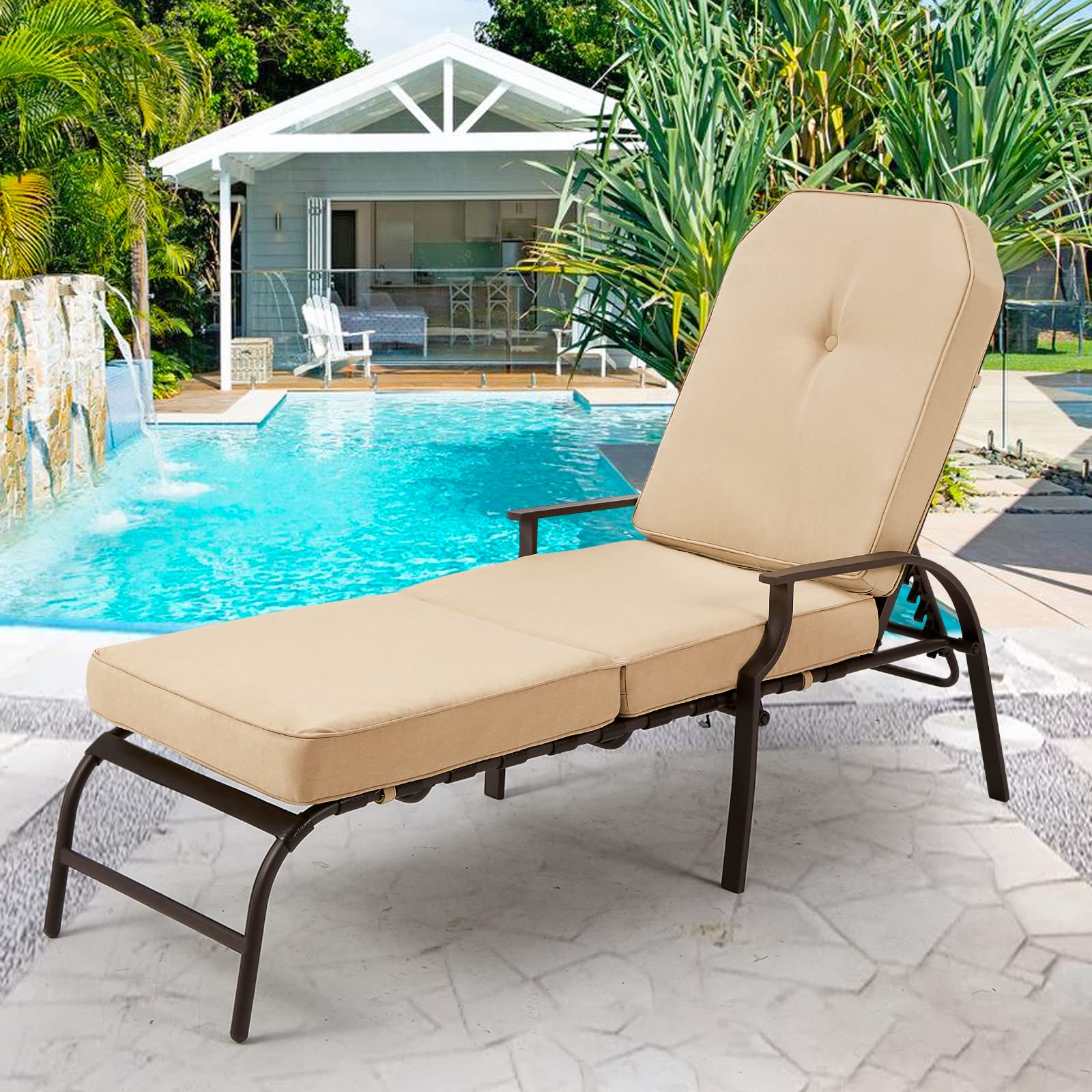 U-MAX Adjustable Outdoor Chaise Lounge Chair - Patio Recliner with Armrests & Cushion - Waterproof Sunbathing Poolside Deck Backyard Furniture (Beige, 1 PC) - Perfect for Relaxing by the Pool, Beach Lounging, or Garden Sunbathing