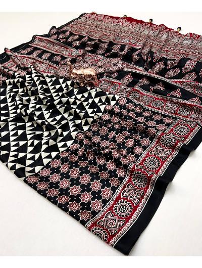 Elegant Black Satin Printed Saree with Tassels - Indian Traditional Dress for Women - Perfect for Weddings, Parties & Festive Occasions