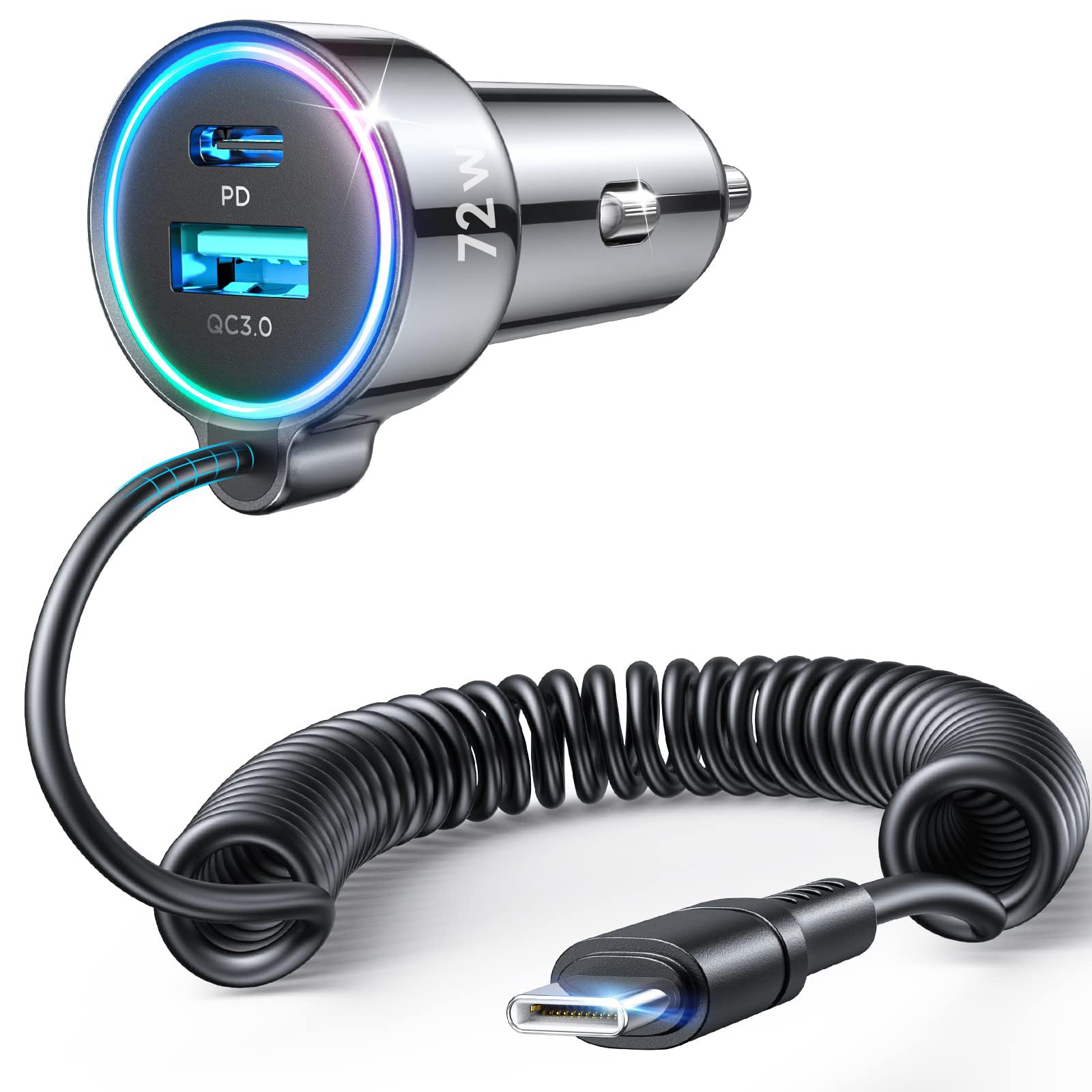72W Fast Car Charger with USB C & Type C Ports - Compatible with iPhone 16/15 Series, Samsung Galaxy S24/S23/S22, Google Pixel & iPad Pro - Includes 36W Super Fast Charging Coiled Cable - Perfect for Road Trips & Daily Commutes