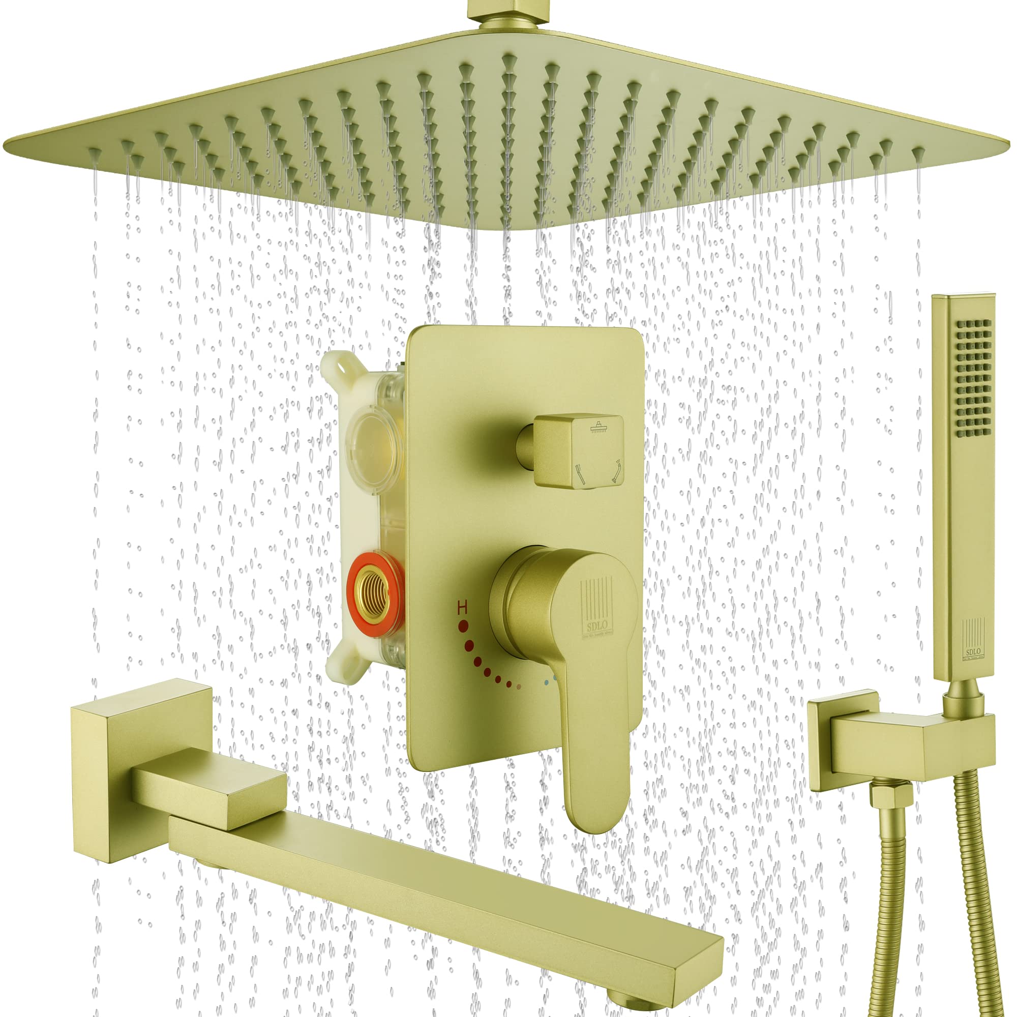 Premium Matte Gold Rainfall Shower System - 10 Inch Ultra-Thin Ceiling Mount Showerhead with Handheld & Tub Spout - High Pressure Air-Infused Bathroom Shower Faucet Set for Luxurious Spa Experience at Home