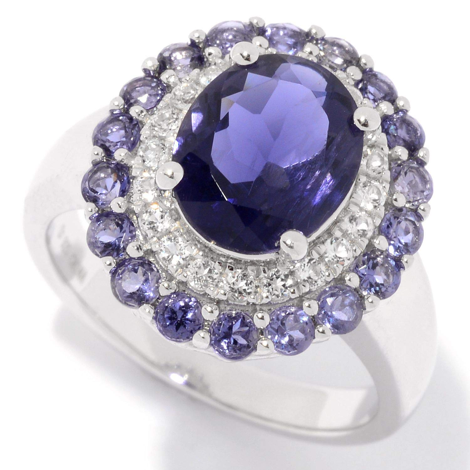 Pinctore Sterling Silver 3.01ctw Iolite & White Topaz Double Halo Engagement Ring - Perfect for Proposals, Anniversaries & Special Occasions