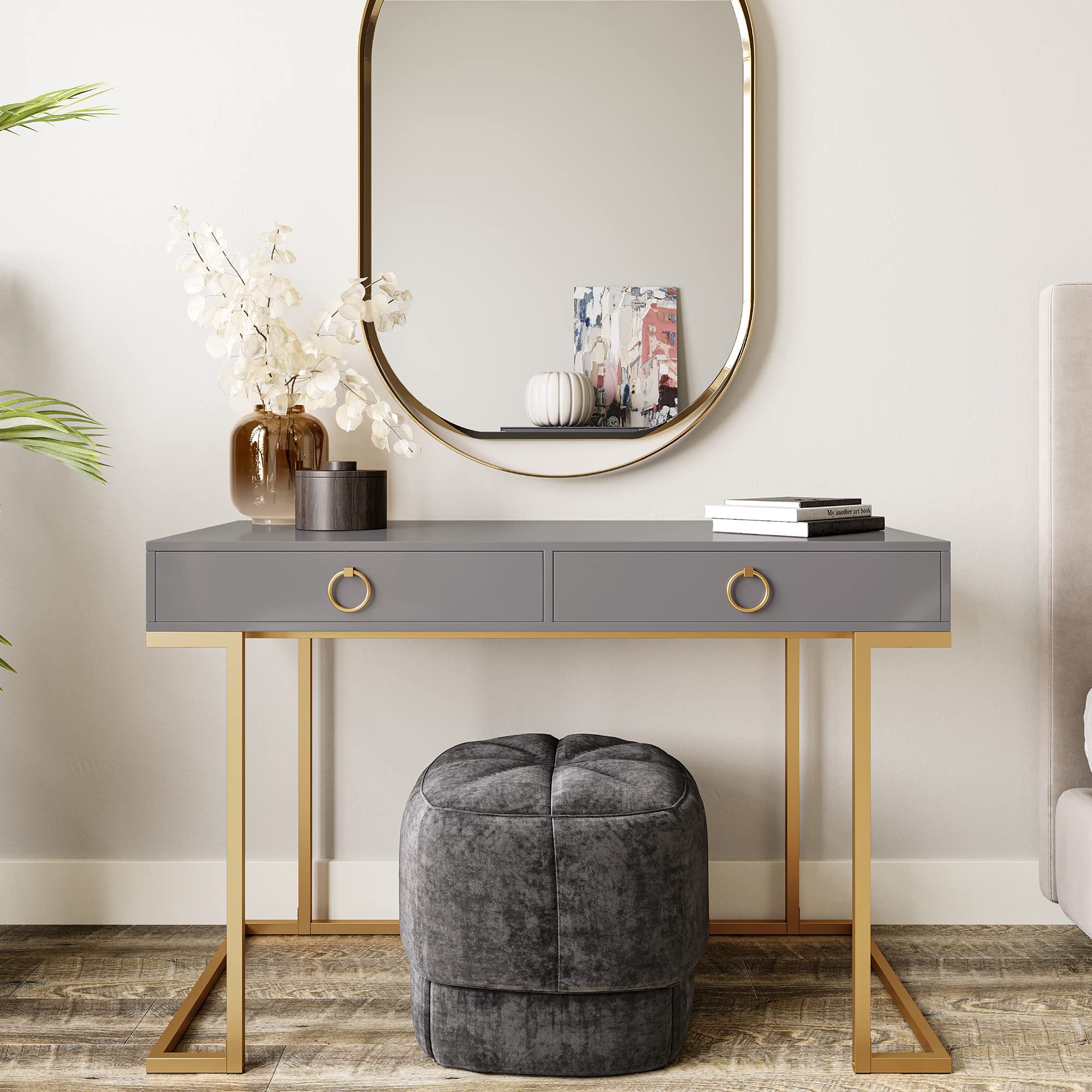 BELLEZE Modern 45 Inch Makeup Vanity & Writing Desk with Storage Drawers - Wood Top & Gold Metal Frame, Home Office & Dressing Table for Bedroom, Chelsea Gray   Perfect for Small Spaces, Makeup Application, Home Office Work & Study - Stylish & Functional Furniture Piece