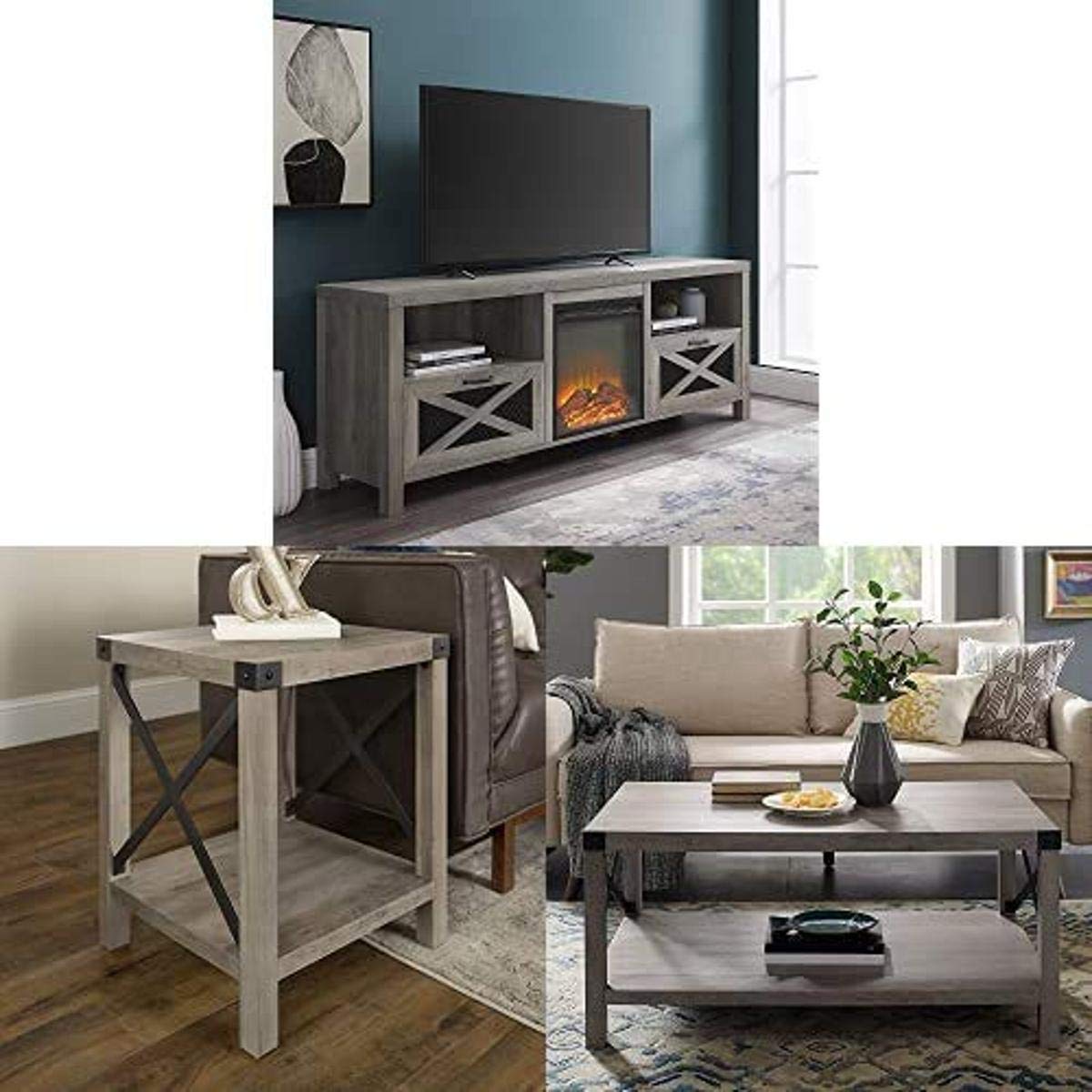 Walker Edison Modern Farmhouse TV Stand with Fireplace - Universal Entertainment Center for 55-75 Inch TVs, Side Accent Table & Coffee Table Set - Rustic Living Room Furniture with Storage Shelf (Perfect for Small Spaces, Apartments & Cozy Home Decor)