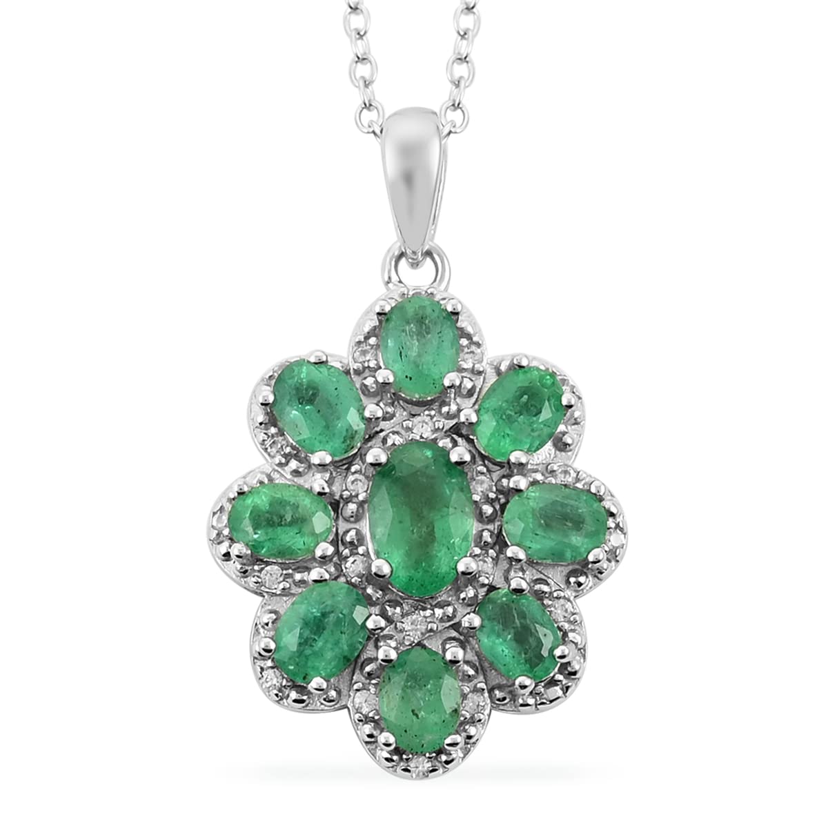 AAA Emerald White Zircon 925 Sterling Silver Rhodium Plated Flower Pendant Necklace - 18