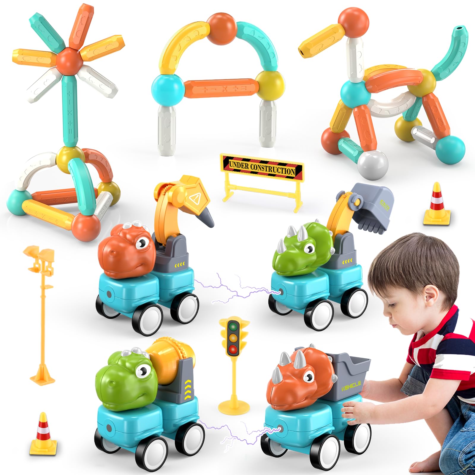 MOONTOY 58PCS Magnetic Building Blocks STEM Toys for Kids Ages 3-8, Educational Preschool Learning Toys with Dinosaur & Car, Creative Construction Set for Boys & Girls - Perfect for Birthday Gifts, Classroom Activities & Indoor Playtime