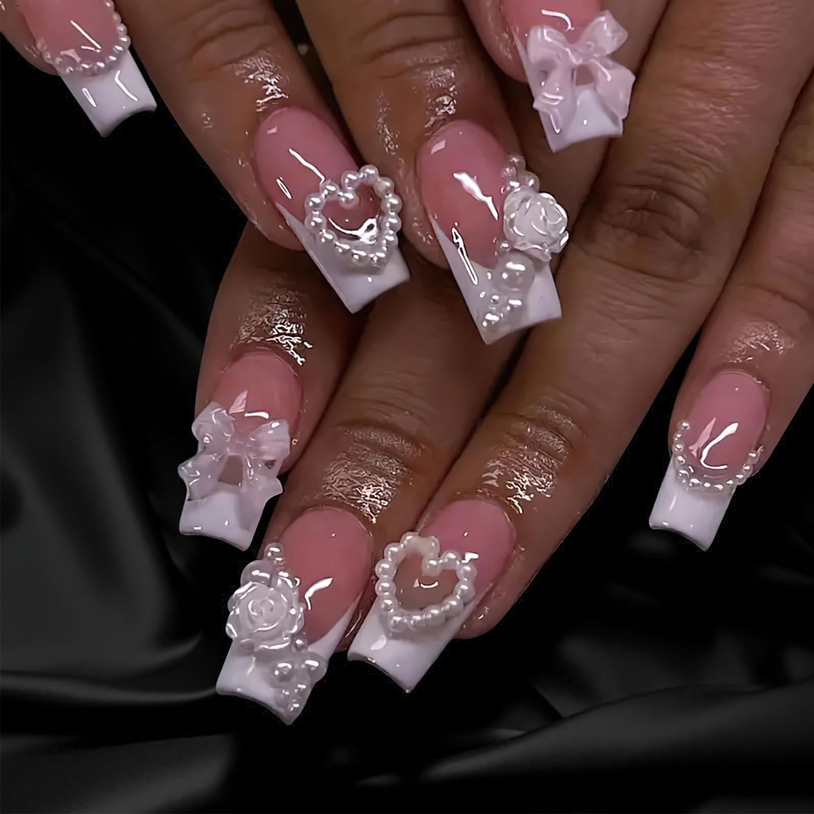 French Tip Press on Nails - Medium Square Fake Nails with 3D Bow Flower Design - Glossy White & Rose Pearl Acrylic Nails - Full Cover Coffin False Nails for Women & Girls - 24Pcs - Perfect for Parties, Weddings, and Special Occasions