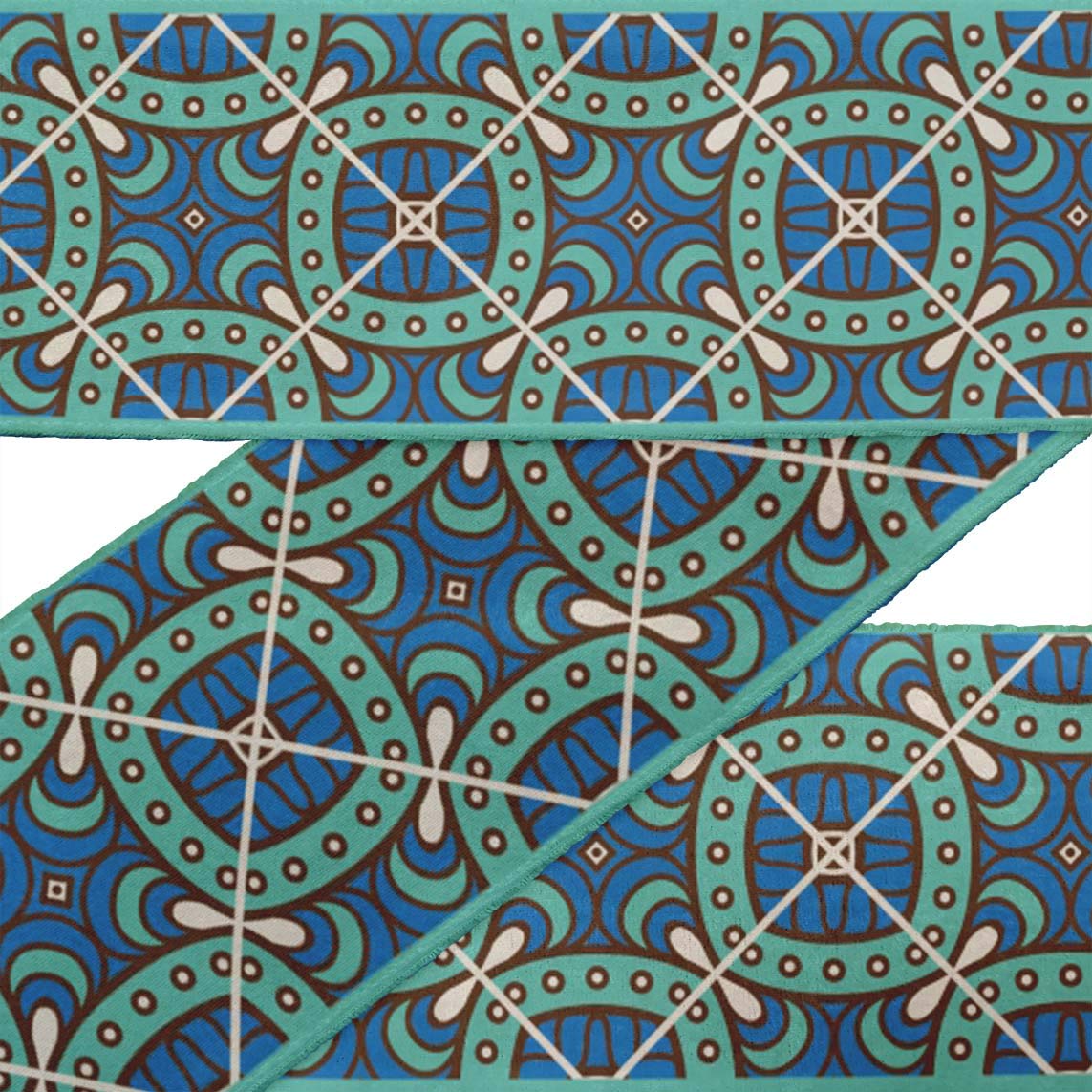 Indian Beautiful Art Blue Floral Ethnic Printed Ribbon Trim - 9 Yard Dupion Fabric Lace for Crafts, Sewing, DIY Accessories (3 Inch Width) - Perfect for Dressmaking, Home Decor & Gift Wrapping