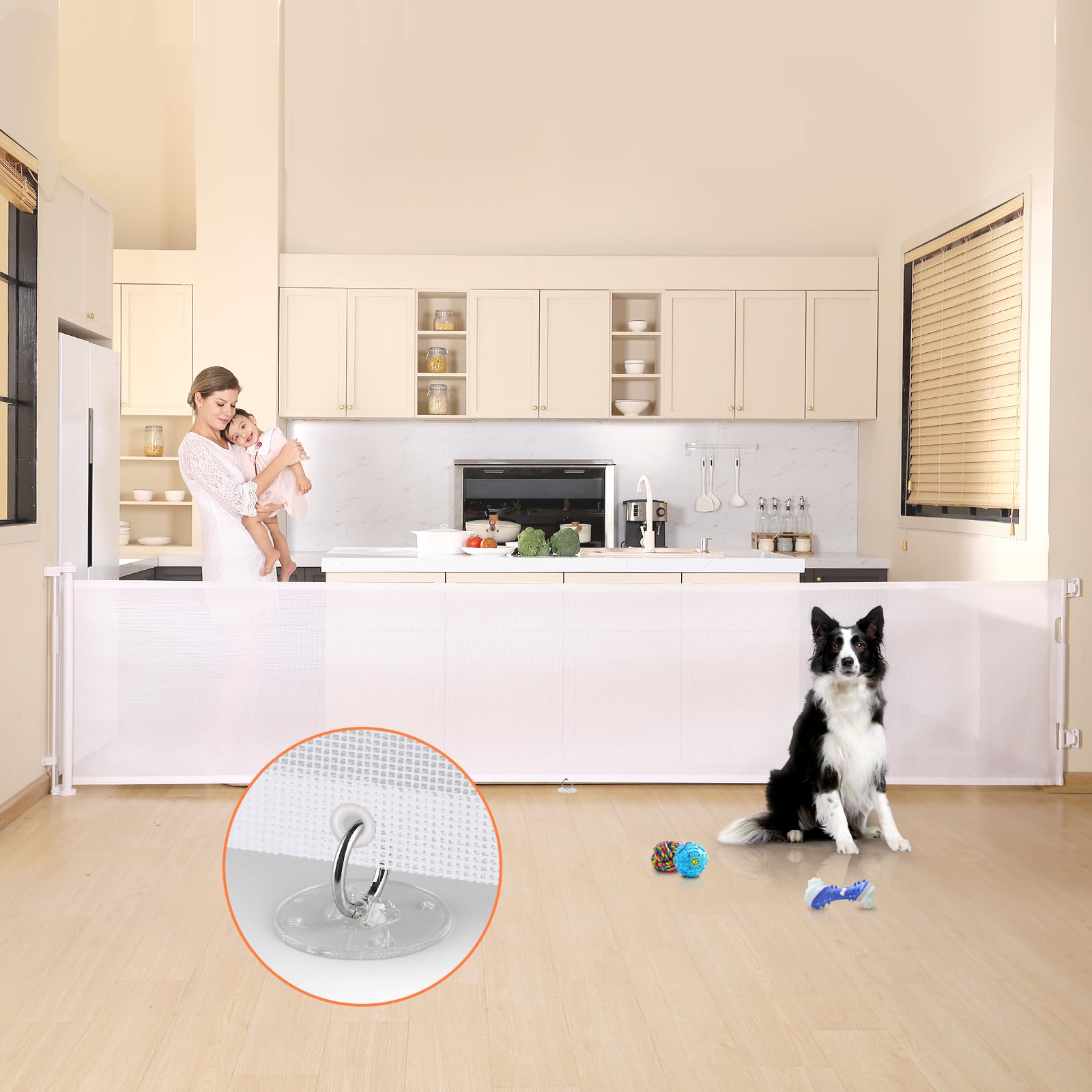 150 Inches Extra Wide Retractable Baby Gate - Safety Barrier for Large Openings, Stairs, Hallways & Doorways - Adjustable Dog Gate for Home Use - Indoor/Outdoor Pet Gate for Dogs & Kids - White (Perfect for Childproofing & Pet Safety in Living Rooms, Bedrooms & Staircases)