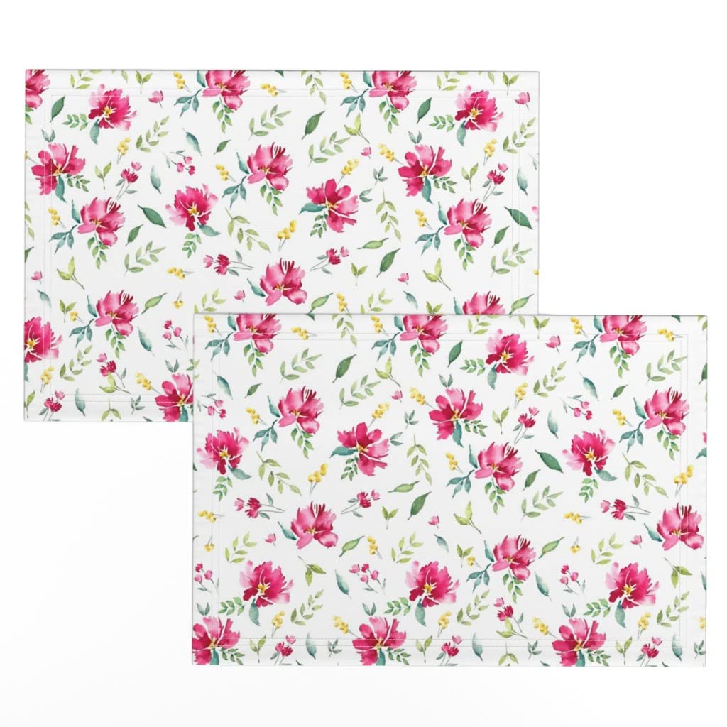 Premium Linen Cotton Canvas Placemats Set of 2 - Spring Floral Design with Pink Flowers & Green Leaves | Eco-Friendly Table Decor for Dining Room, Kitchen, Party & Baby Shower