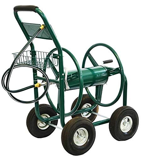 300 FT Heavy Duty Garden Hose Reel Cart with Storage Basket - Outdoor Water Hose Holder for Yard, Lawn & Garden Irrigation - Perfect for Watering Plants, Washing Cars & Cleaning Patio