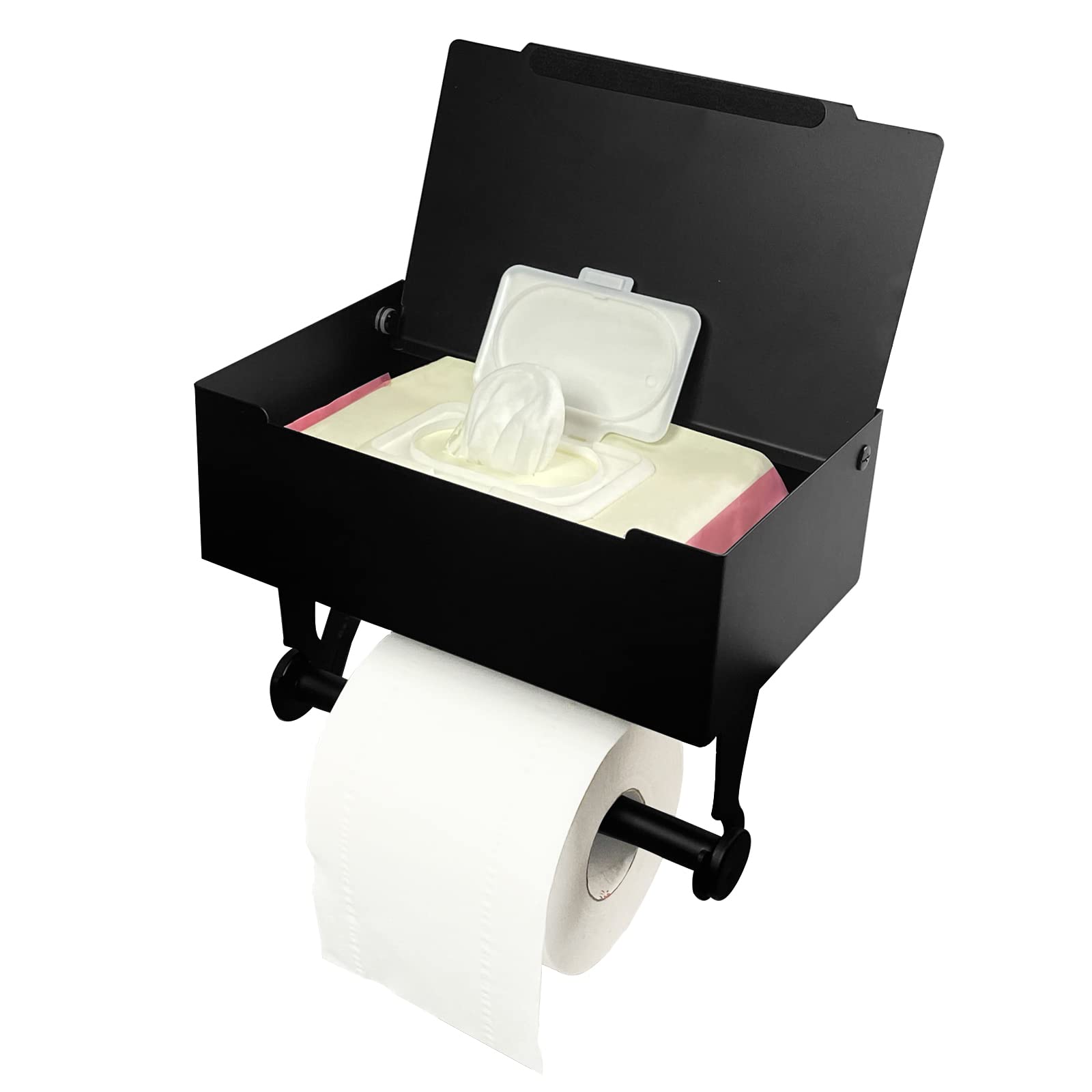 Stainless Steel Wall Mounted Toilet Paper Holder with Shelf & Flushable Wipes Dispenser - Bathroom Organizer for Hidden Storage of Wipes & Feminine Products (Black) - Perfect for Small Bathrooms, Powder Rooms & RVs