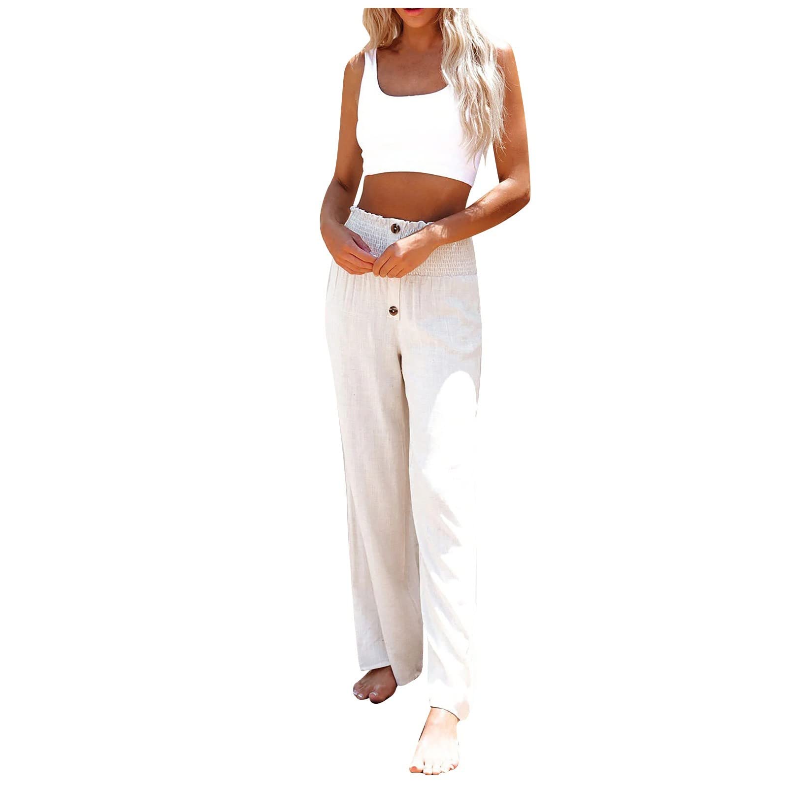 Pxloco Women's Linen Harem Pants - High Waist Loose Wide Leg Casual Pants with Button Trim & Elastic Waistband | Perfect for Yoga, Meditation, Beach & Boho Fashion