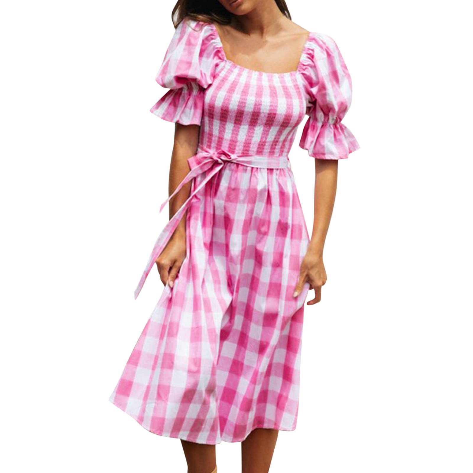 Bohemian Summer Plaid Square Neck Puff Sleeve Ruffle Flowy Midi Dress for Women - Black Beach Tunic Dress for Vacation, Date Night & Outdoor Parties